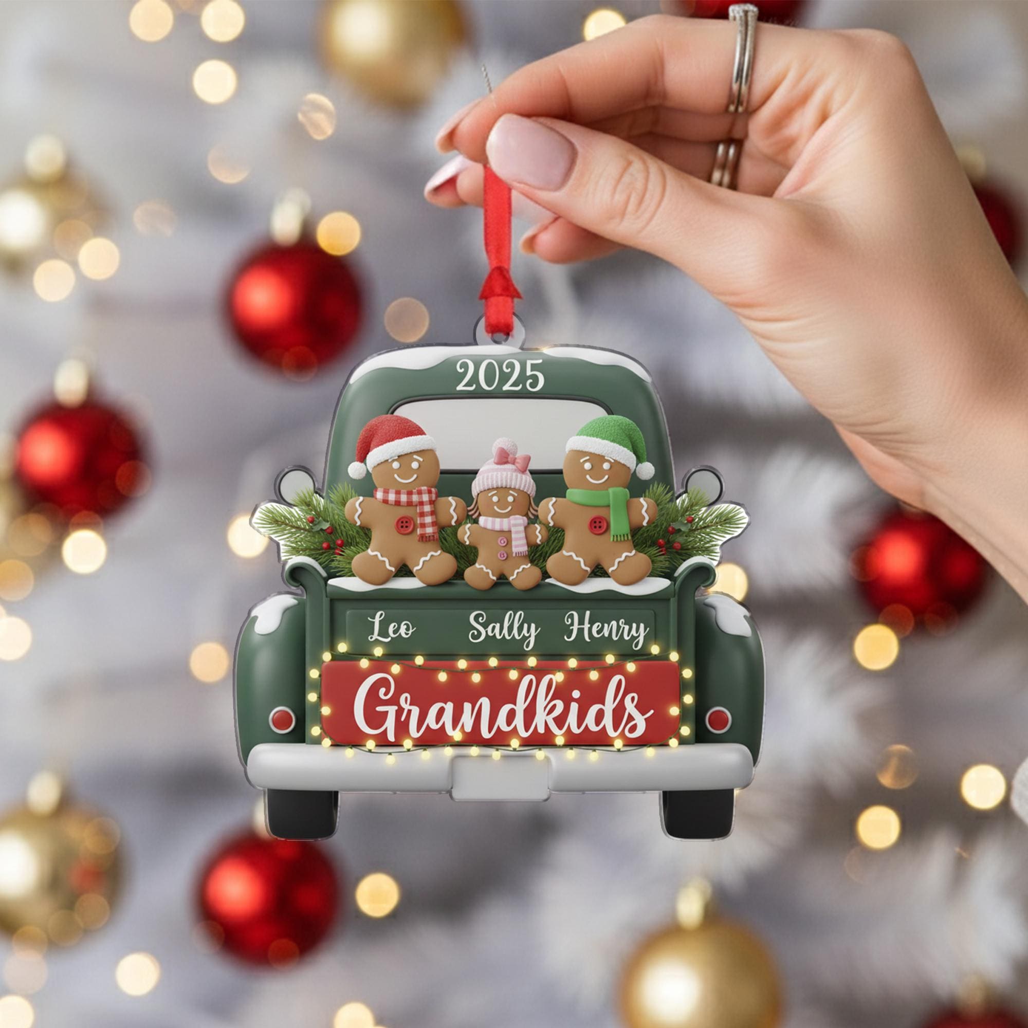 Personalized Acrylic Grandkids Ornament: 2025 Christmas Keepsake with Gingerbread Family, Vintage Green Truck image 6