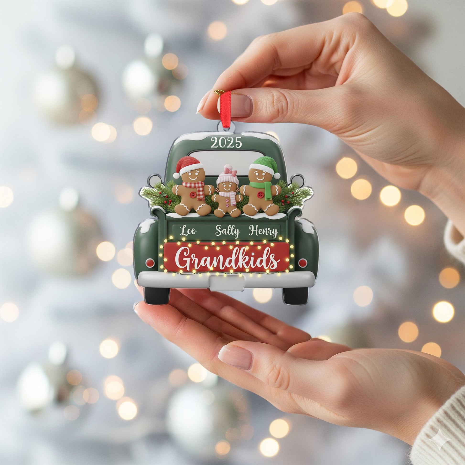 Personalized Acrylic Grandkids Ornament: 2025 Christmas Keepsake with Gingerbread Family, Vintage Green Truck image 2