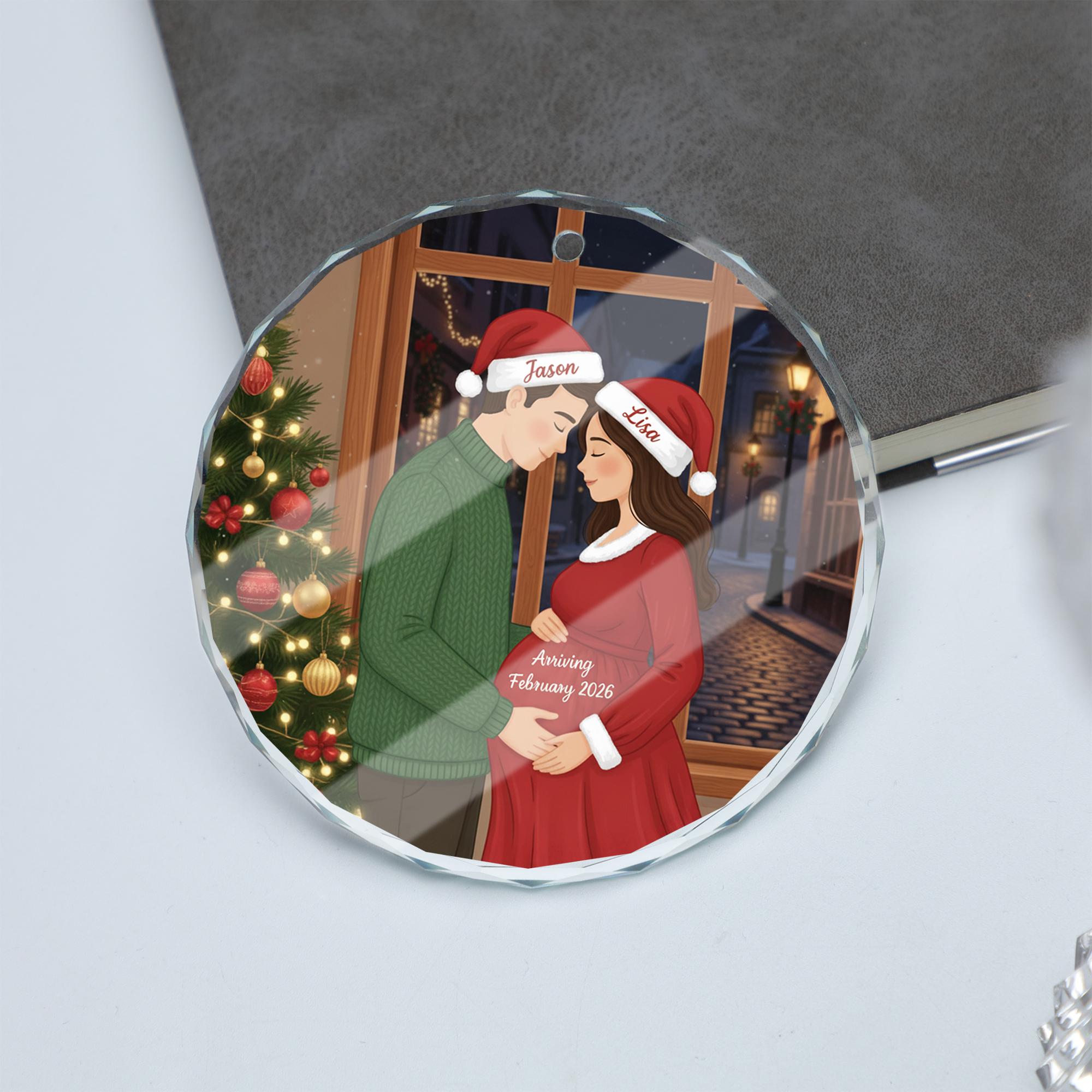 Personalized Glass Pregnancy Ornament: Expecting Couple Christmas Keepsake with Custom Names and Due Date image 2