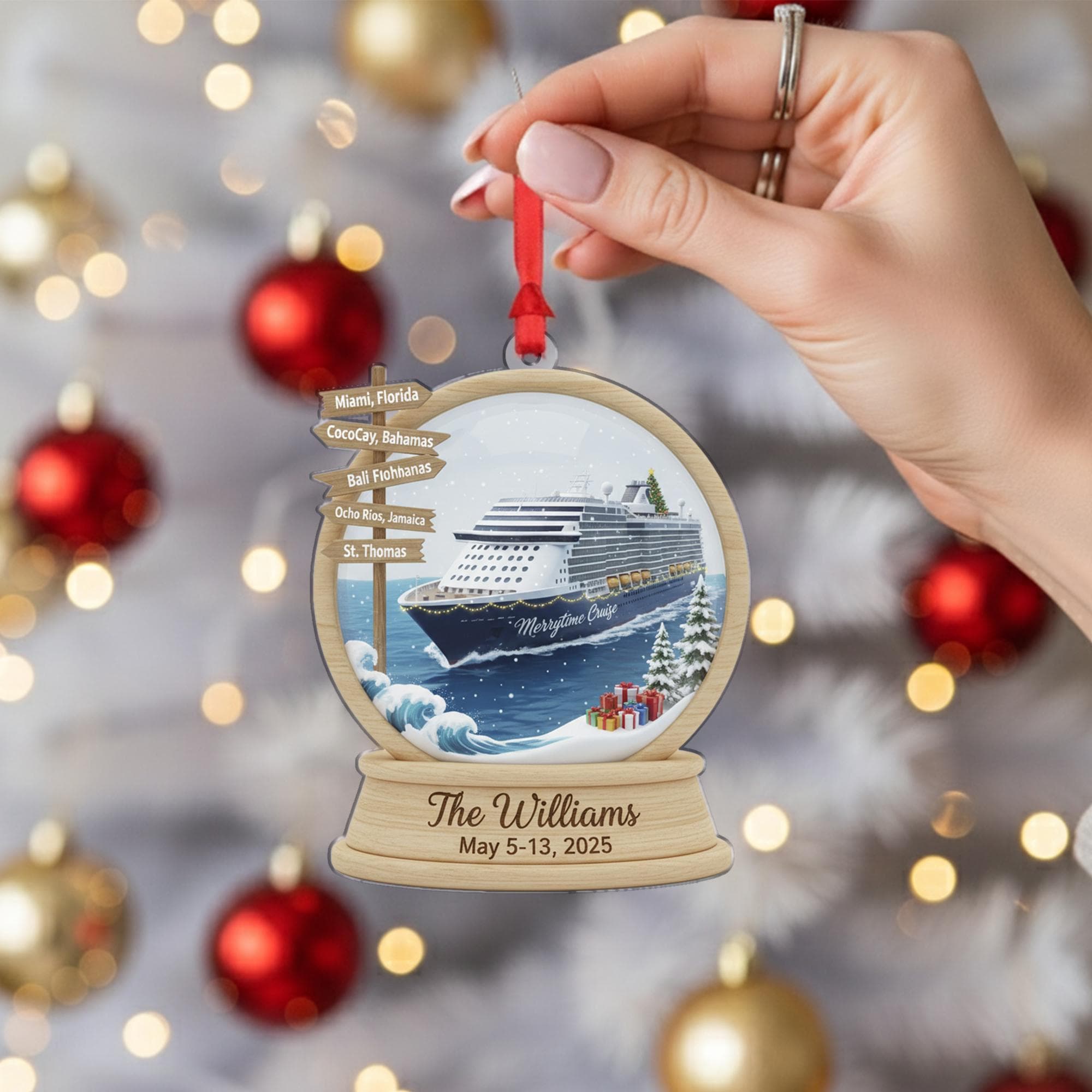 Personalized Acrylic Cruise Ornament: Family Vacation Snow Globe Keepsake image 1