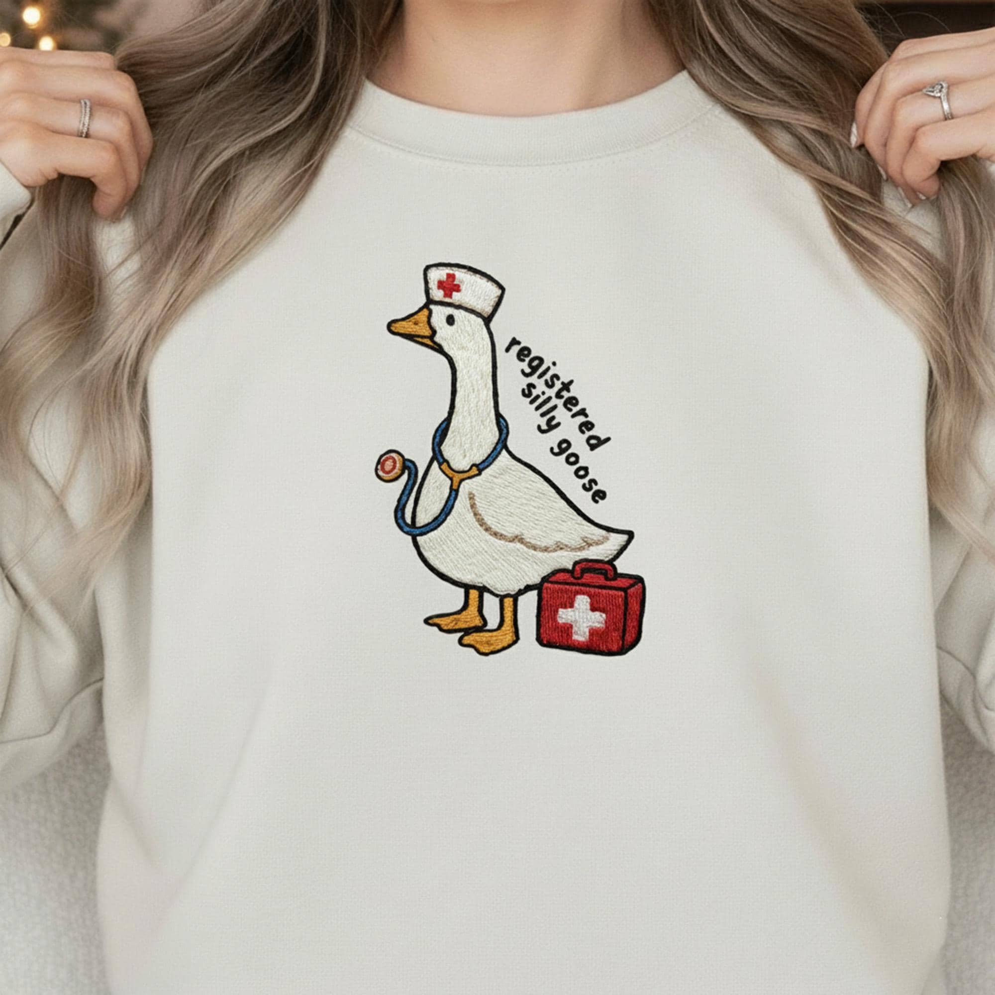 Embroidered Nurse Sweatshirt: Registered Silly Goose Pun image 1