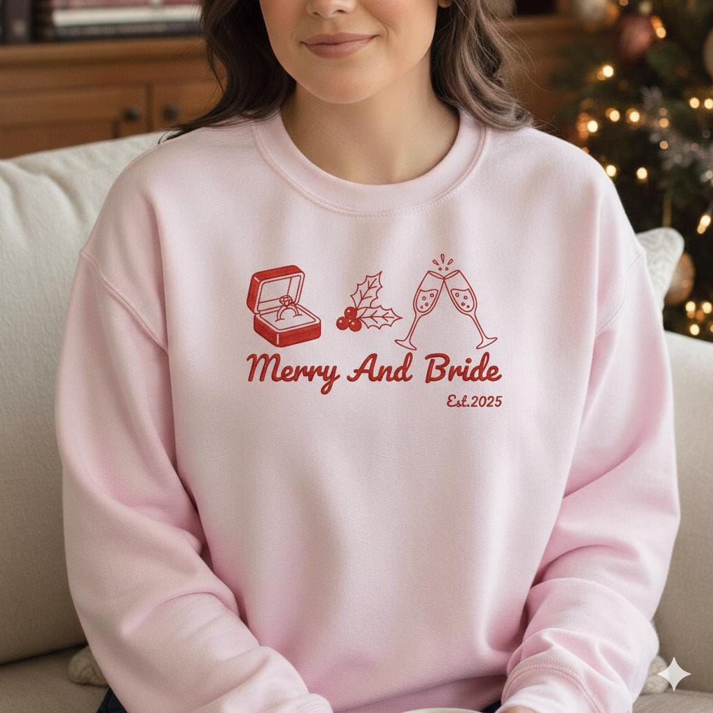 Merry And Bride Crewneck Sweatshirt: Festive Fiancée Apparel for Christmas Engagement, Holiday Bride-to-Be Top image 4