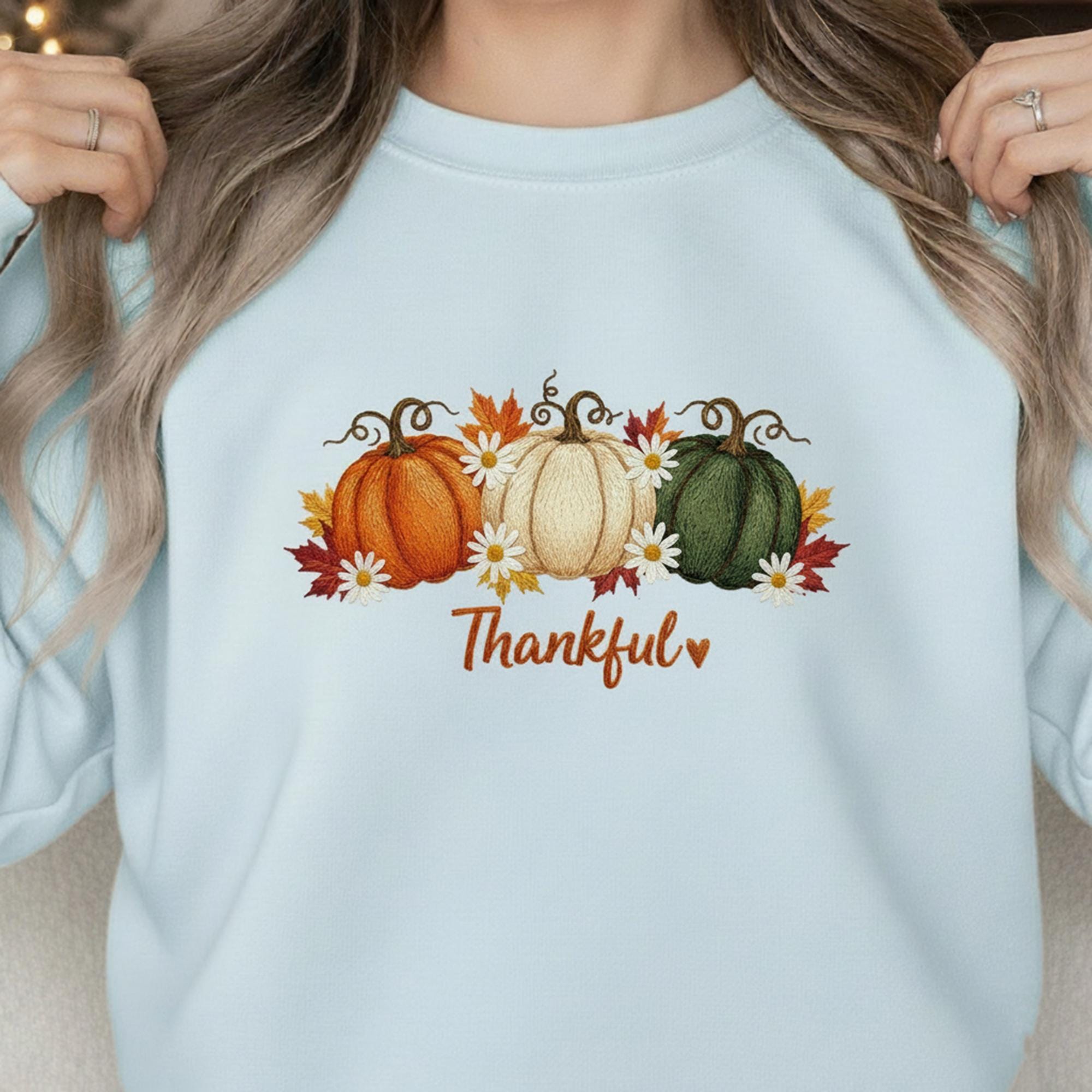 Thanksgiving Crewneck Sweatshirt: Autumn Apparel with "Thankful" Quote and Pumpkin Graphic image 2