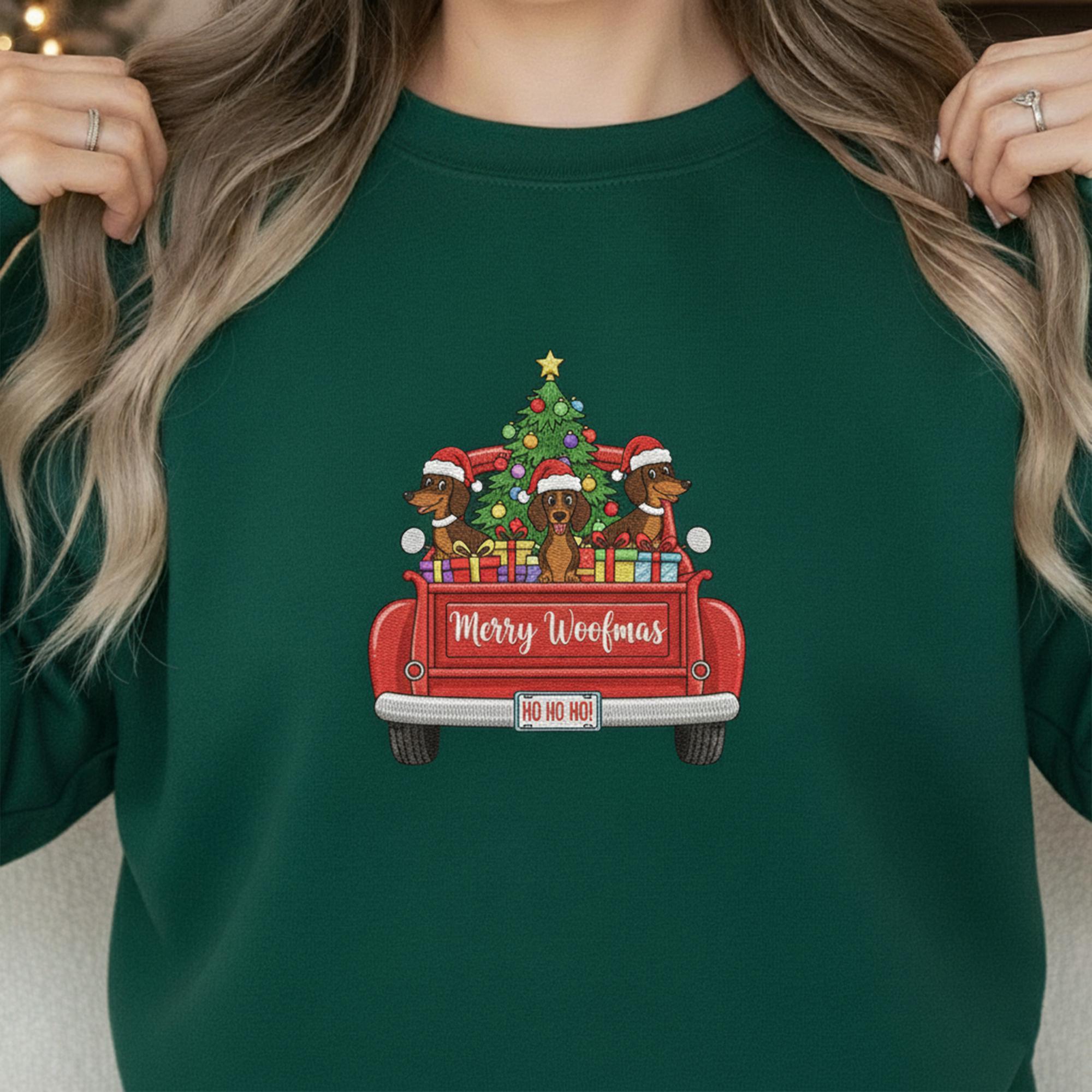 Embroidered Crewneck Sweatshirt: "Merry Woofmas" Dachshund Graphic, Festive Holiday Apparel for Dog Lovers image 1