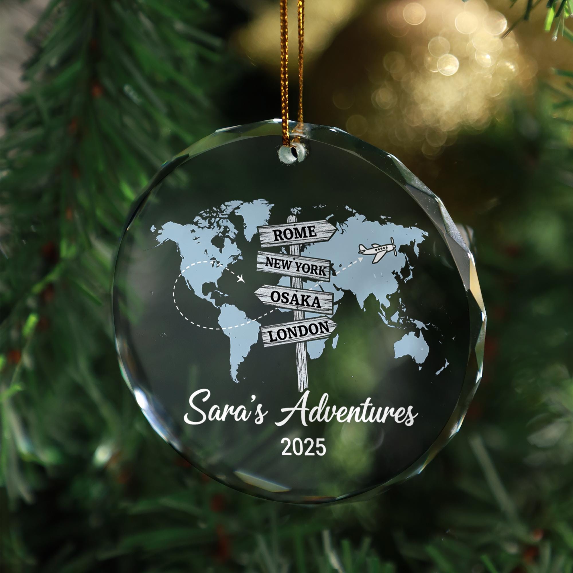 Personalized Travel Map Ornament – Engraved World Map Signpost Design Keepsake image 2
