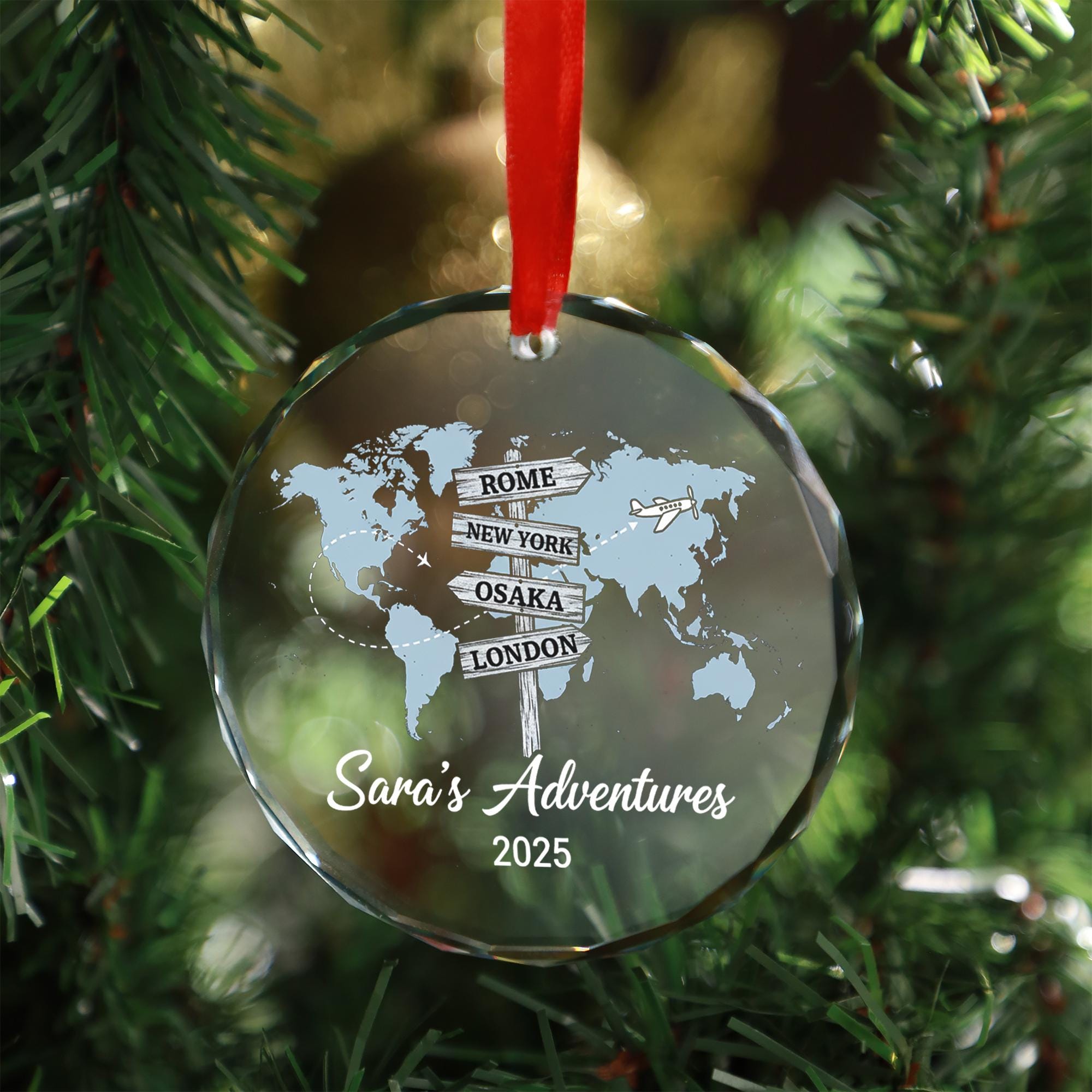 Personalized Travel Map Ornament – Engraved World Map Signpost Design Keepsake image 1