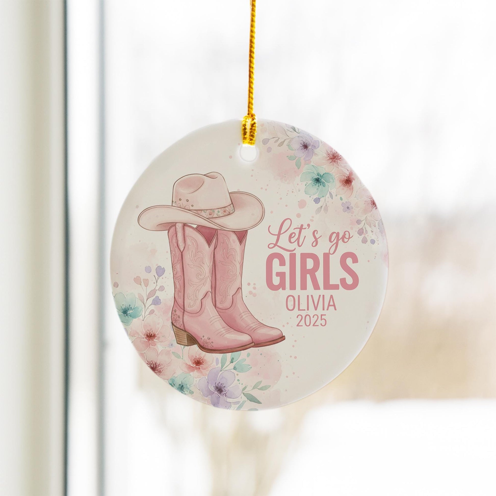 Pink Western Cowgirl Boots & Hat Ceramic Ornament – “Let’s Go Girls” Floral Country Decor image 4