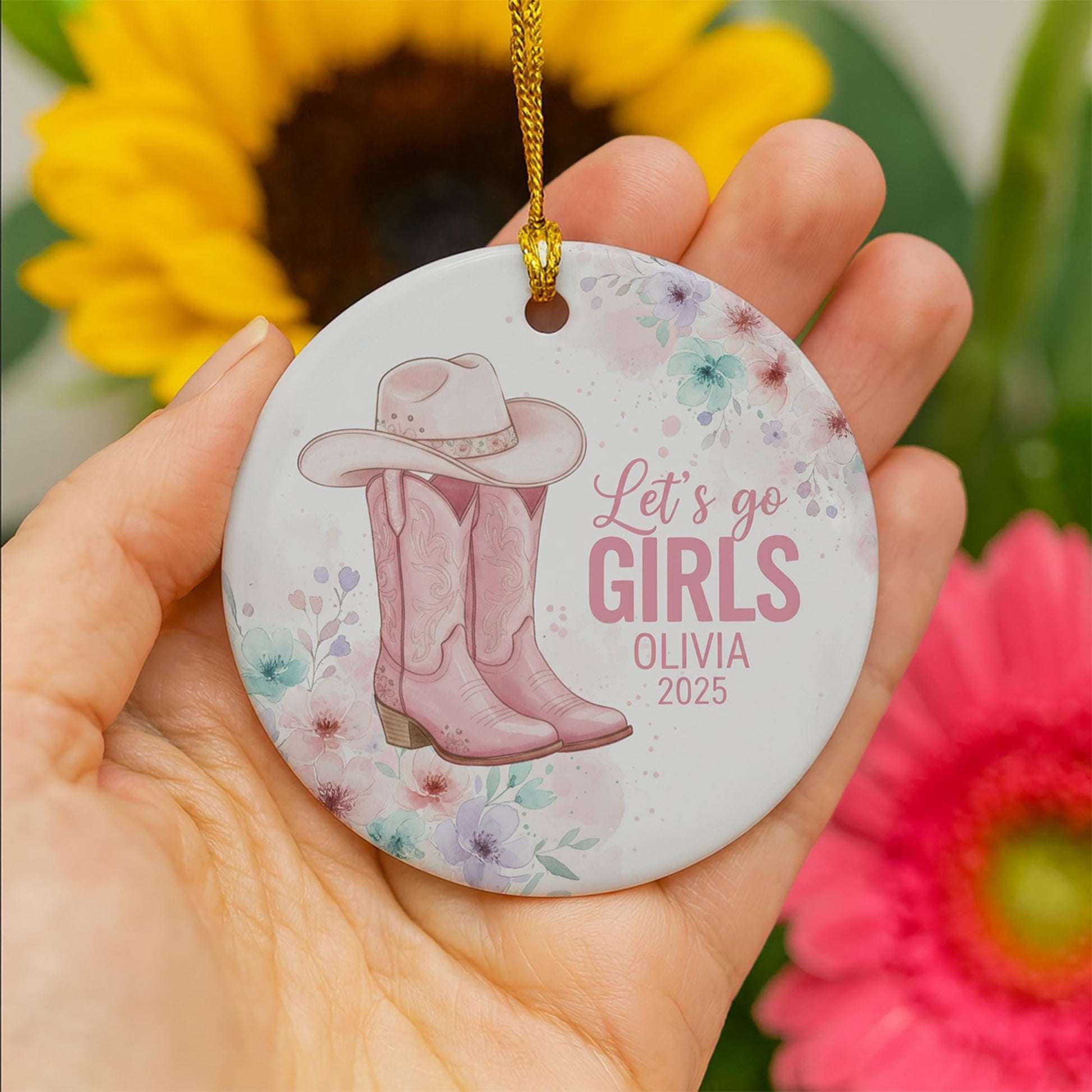 Pink Western Cowgirl Boots & Hat Ceramic Ornament – “Let’s Go Girls” Floral Country Decor image 5