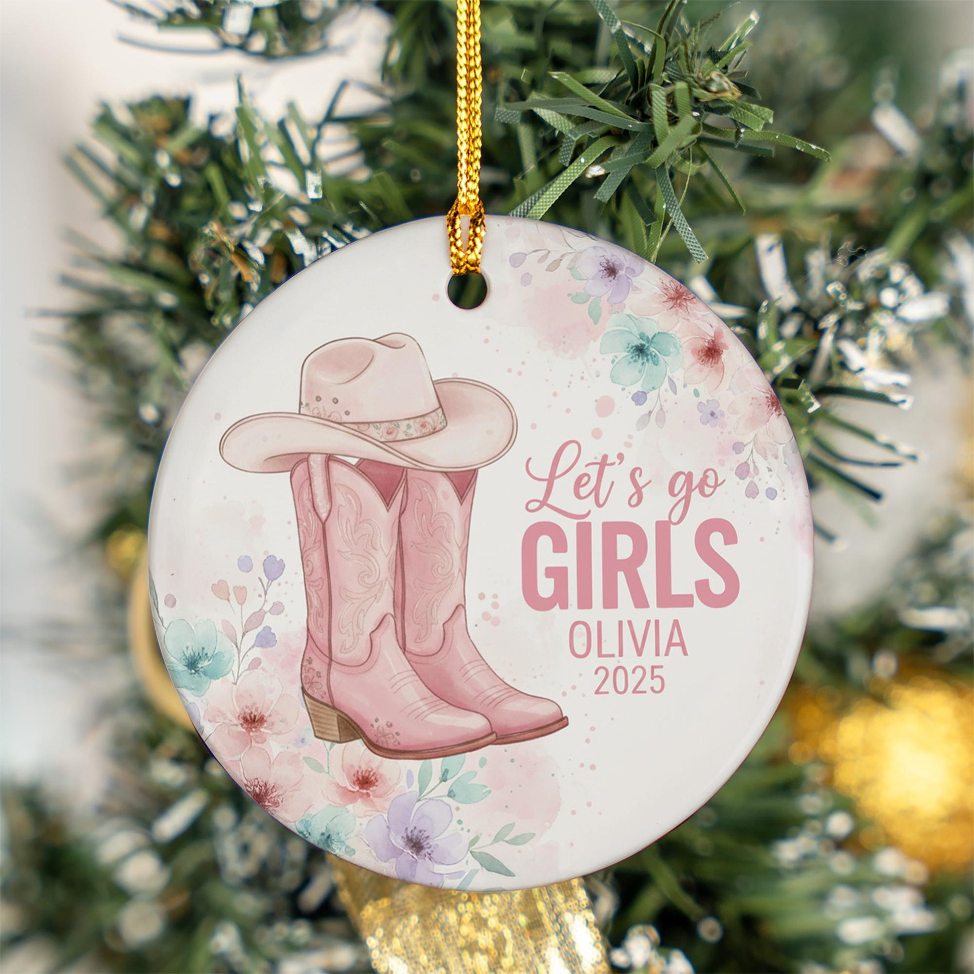 Pink Western Cowgirl Boots & Hat Ceramic Ornament – “Let’s Go Girls” Floral Country Decor image 3