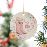 Pink Western Cowgirl Boots & Hat Ceramic Ornament – “Let’s Go Girls” Floral Country Decor image 1