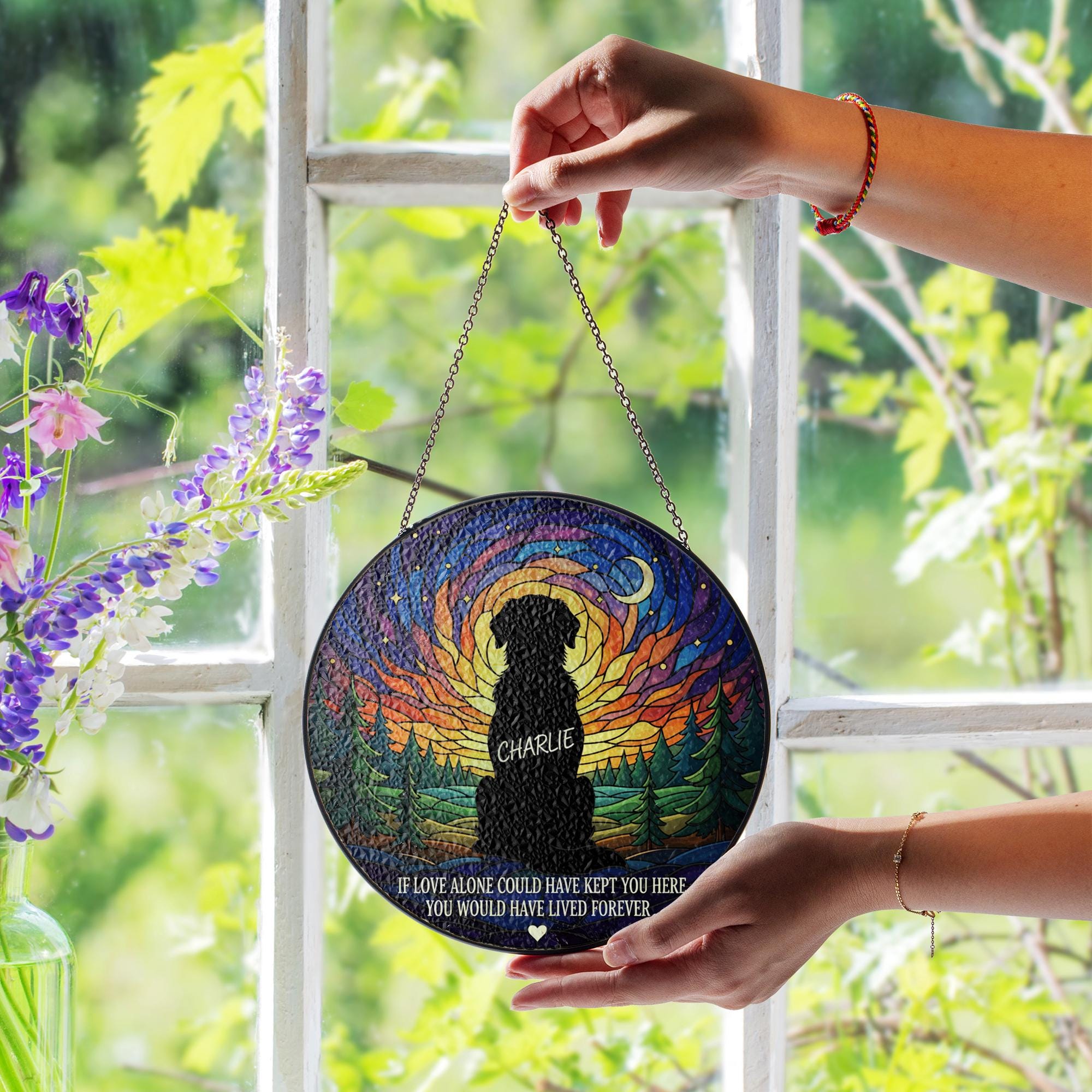 Personalized Dog Memorial Glass Suncatcher – Round Window Hanging – Sunlight Prism Wall Decor image 2