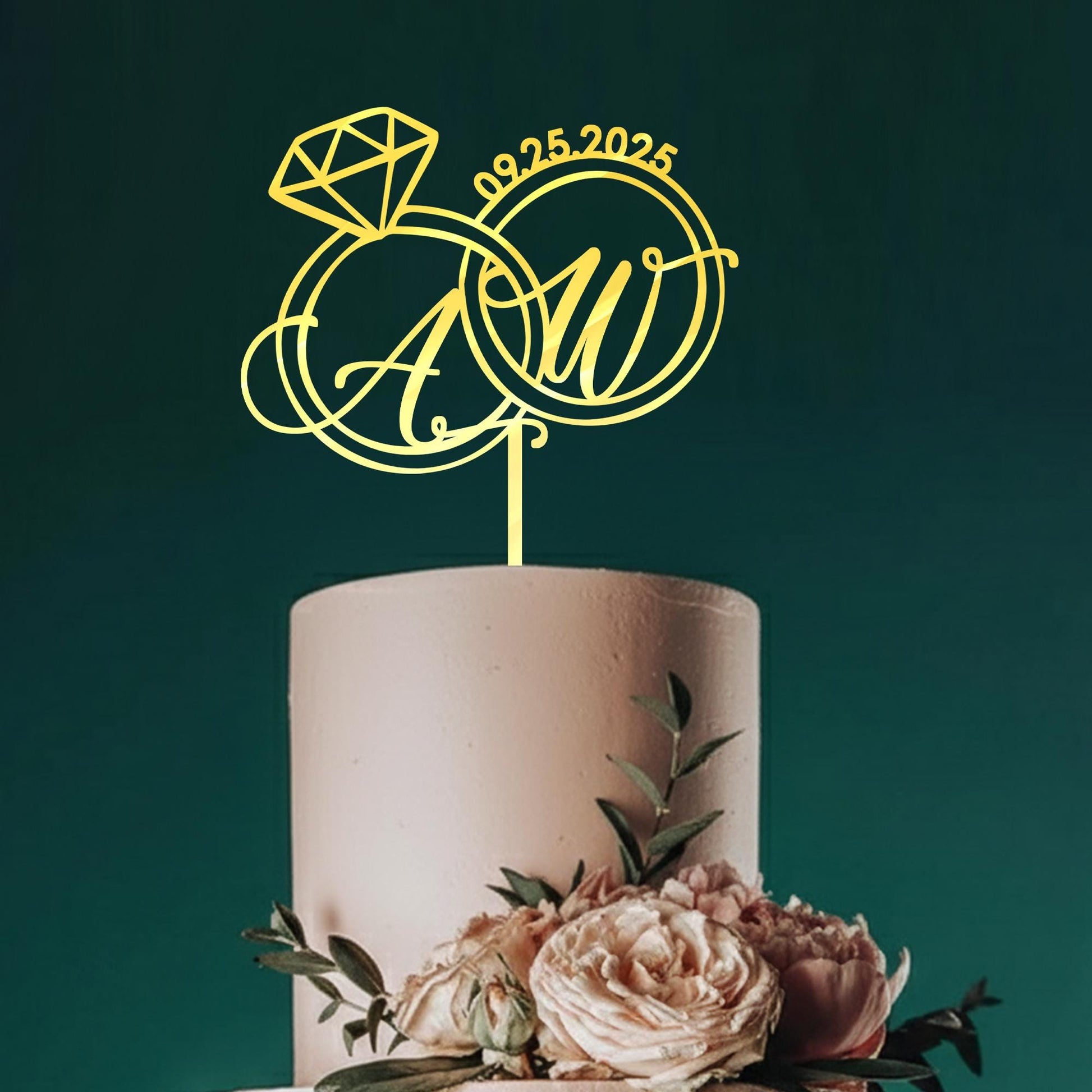 Custom Initials Wedding Cake Topper – Personalized Engagement Ring Topper with Date image 3