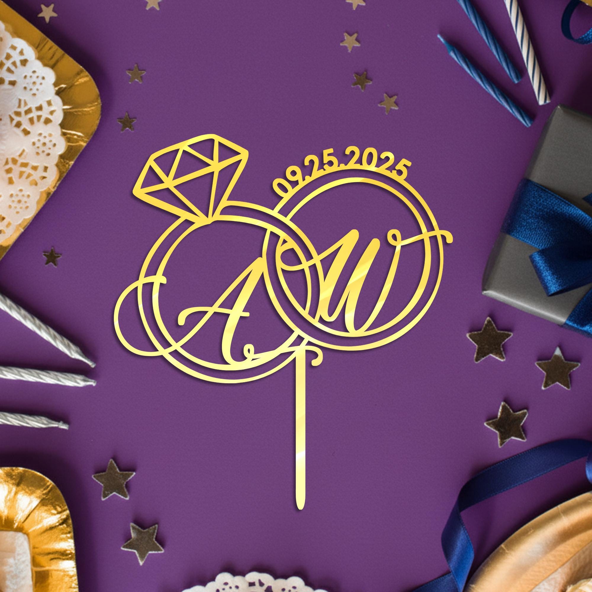 Custom Initials Wedding Cake Topper – Personalized Engagement Ring Topper with Date image 2