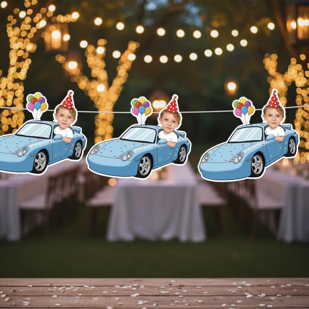 Custom Face Car Birthday Banner – Personalized Photo Party Decoration image 1