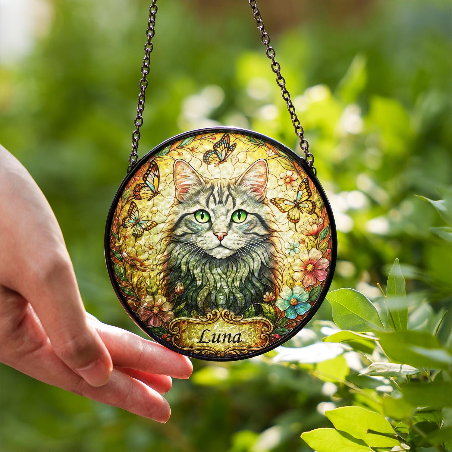 Custom Cat Portrait Suncatcher – Personalized Pet Memorial Glass Ornament Suncatcher image 5