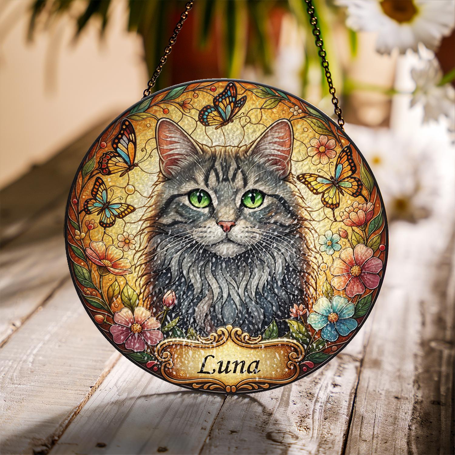 Custom Cat Portrait Suncatcher – Personalized Pet Memorial Glass Ornament Suncatcher image 4