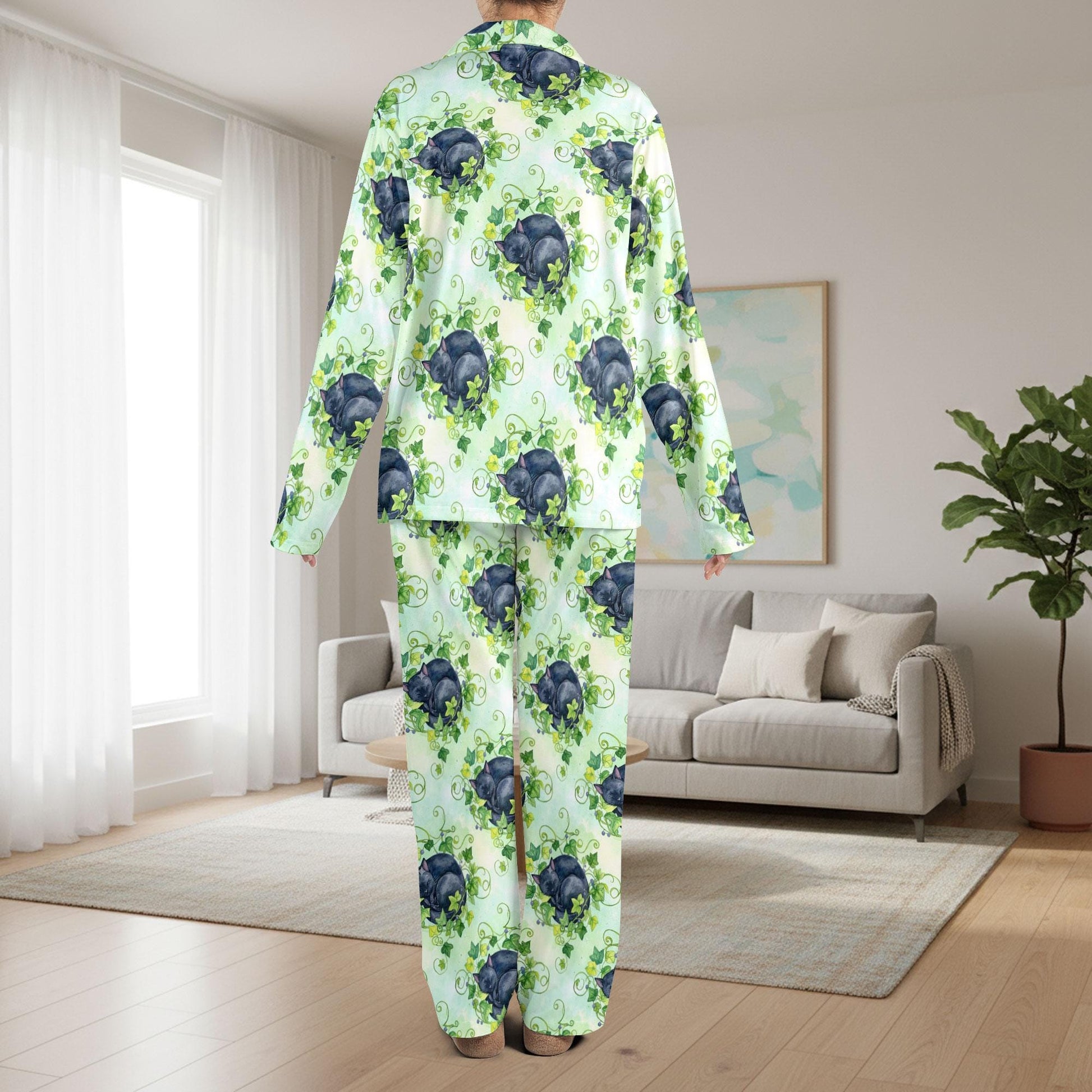 Black Cat with Ivy Plant Satin Pajama Set: Sleepwear for Cat Lovers image 4
