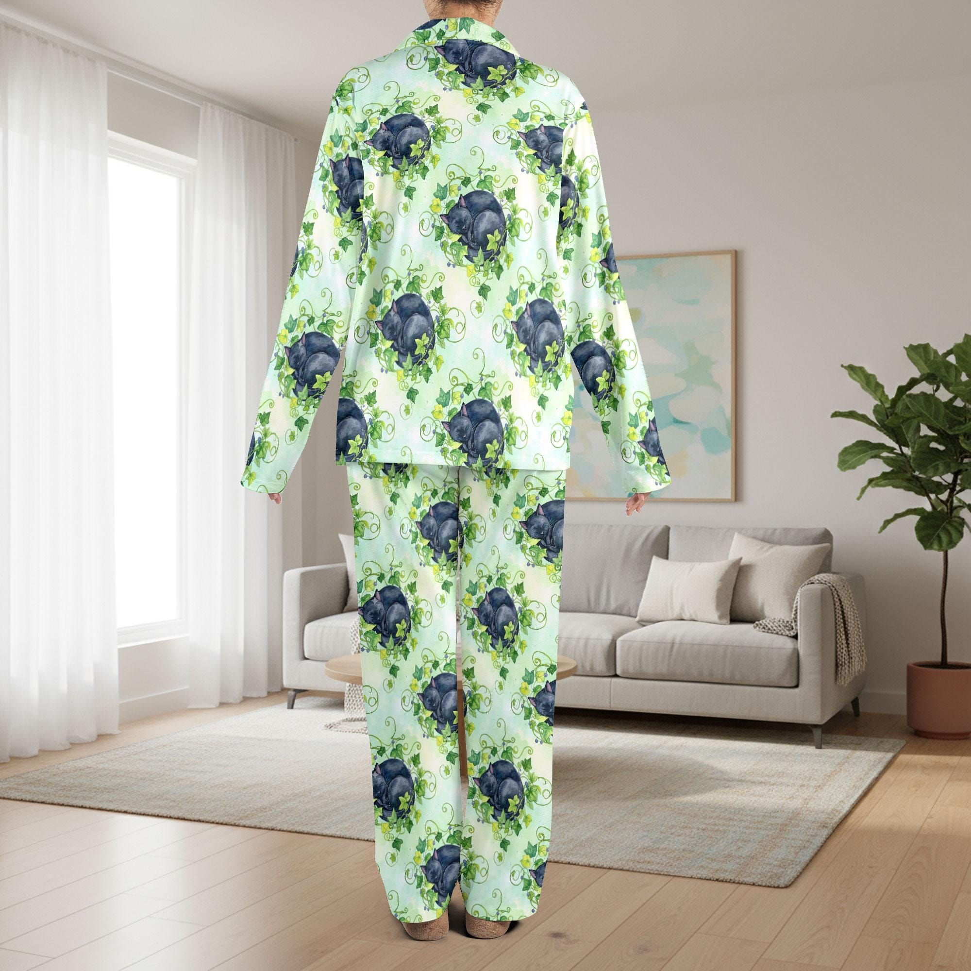 Black Cat with Ivy Plant Satin Pajama Set: Sleepwear for Cat Lovers image 4