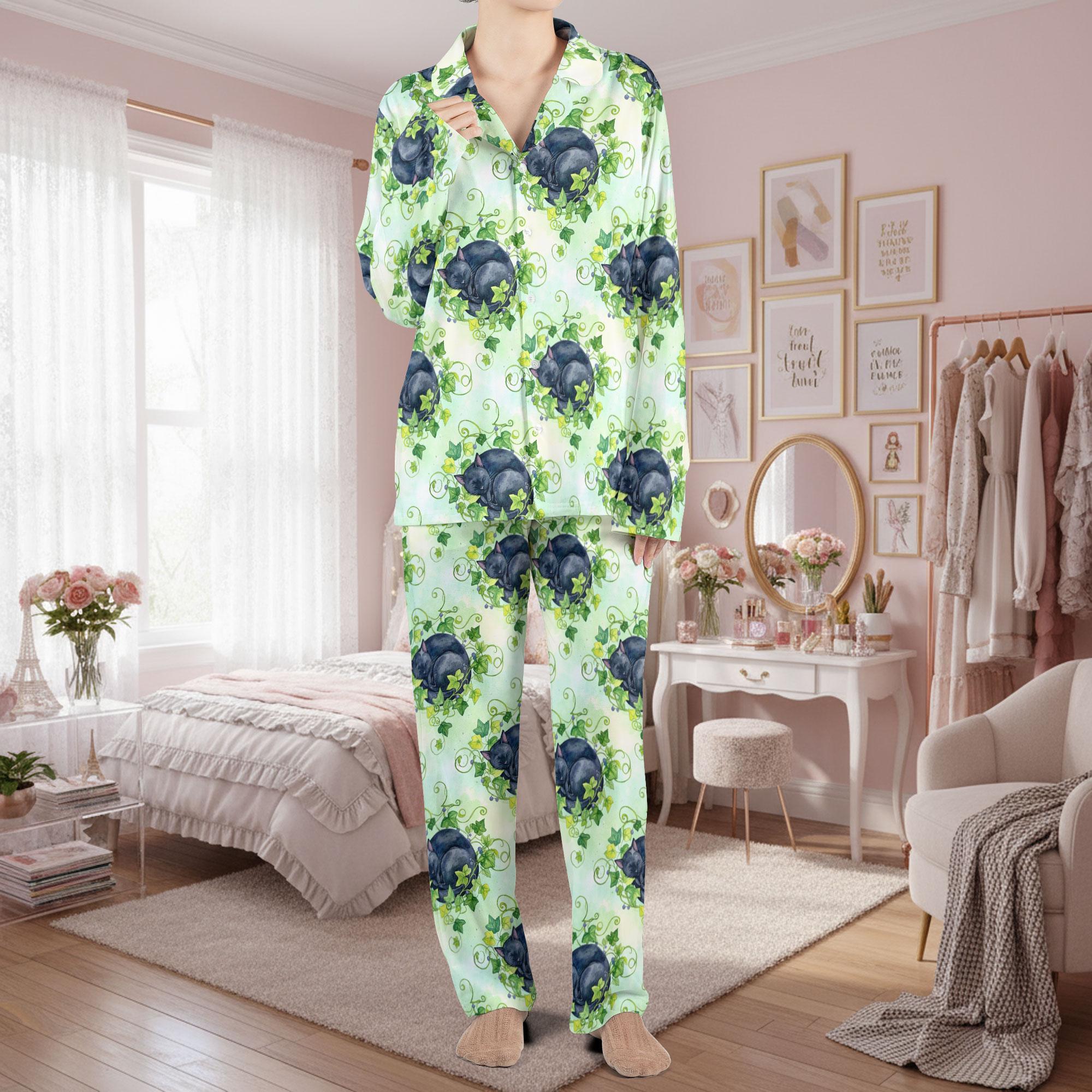Black Cat with Ivy Plant Satin Pajama Set: Sleepwear for Cat Lovers image 3