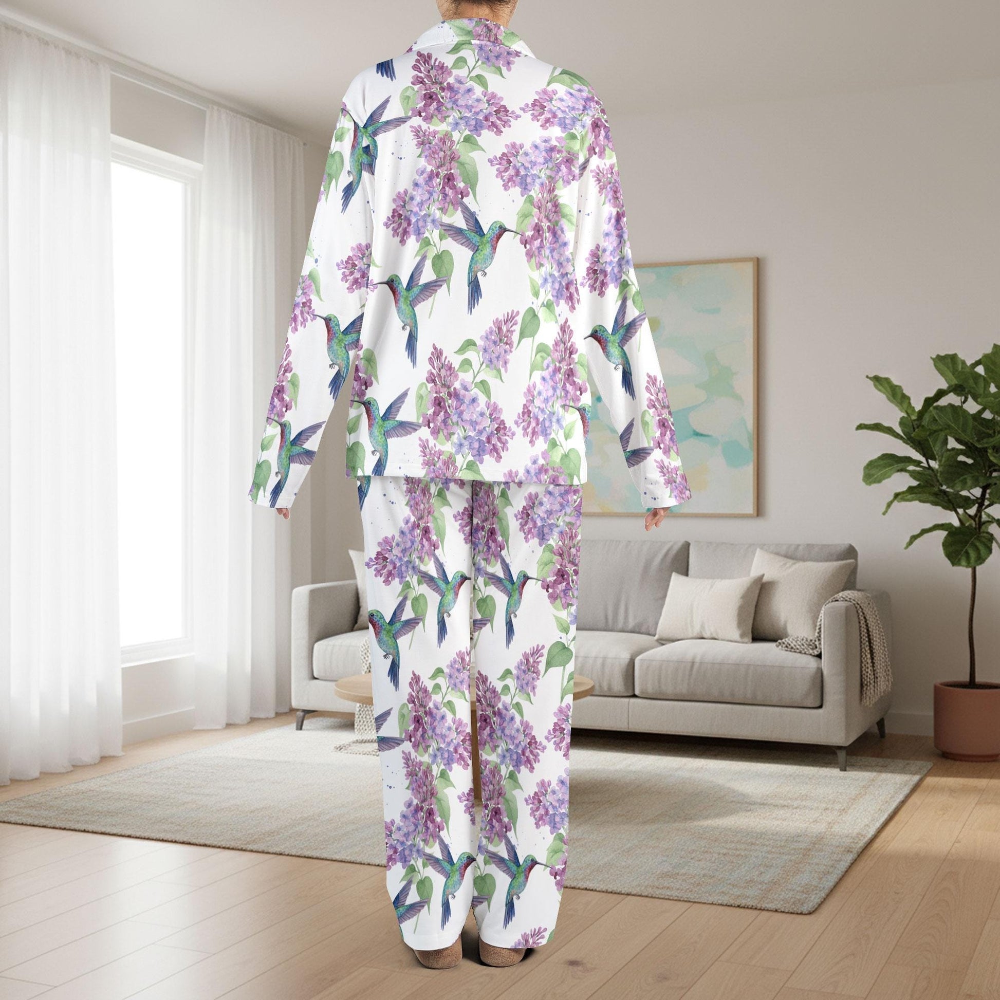 Hummingbird with Lilac Satin Pajama Set: Floral Sleepwear for Women image 4