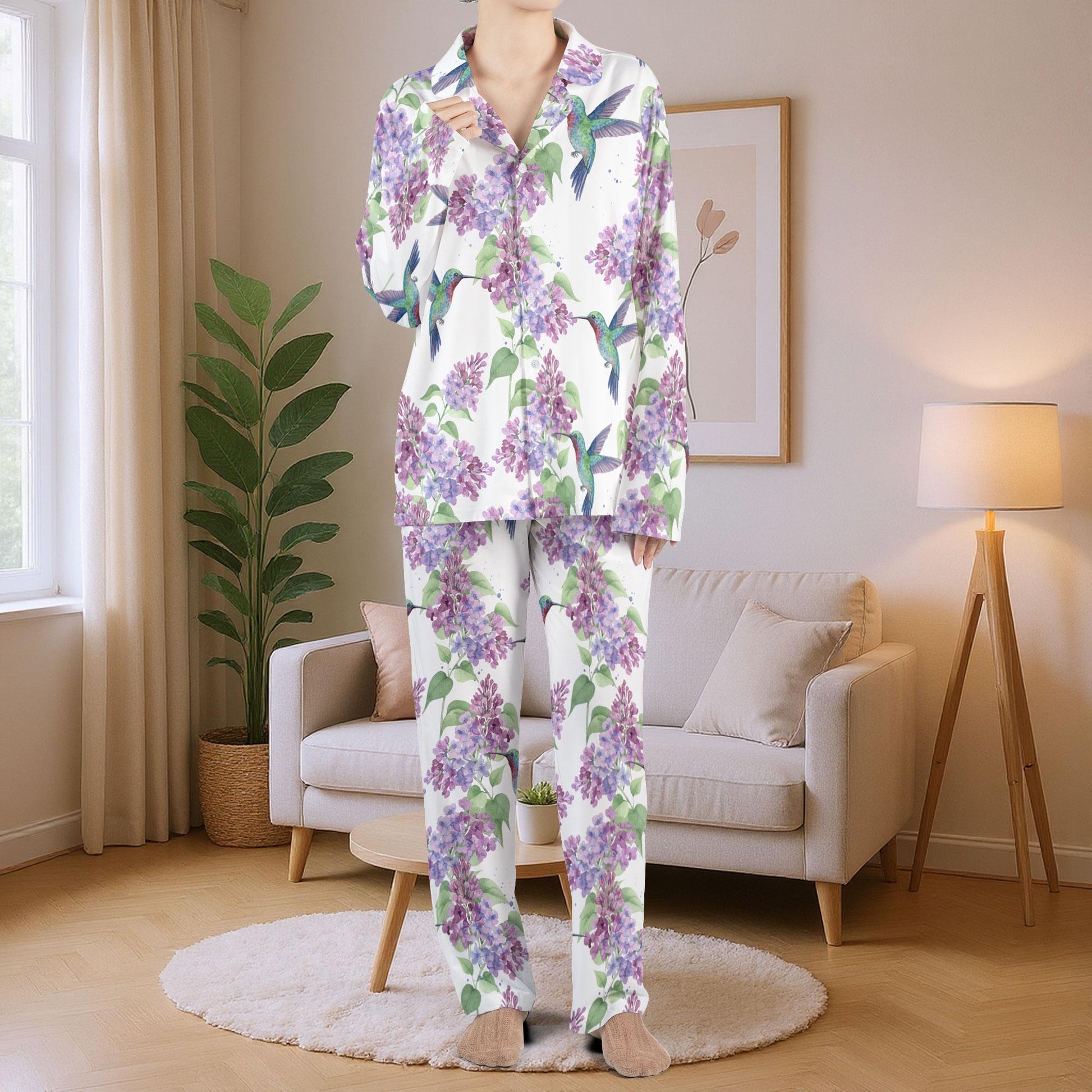 Hummingbird with Lilac Satin Pajama Set: Floral Sleepwear for Women image 3