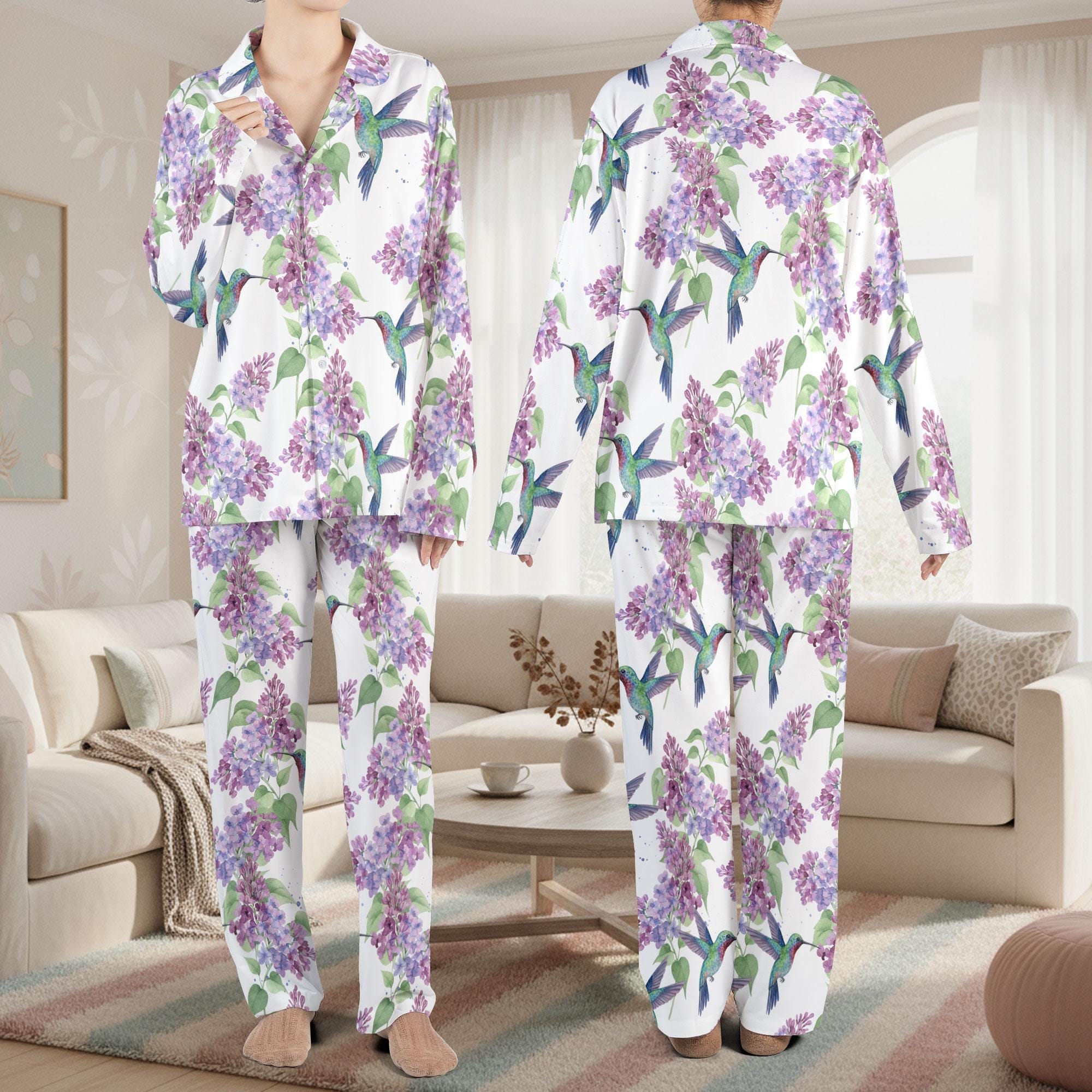 Hummingbird with Lilac Satin Pajama Set: Floral Sleepwear for Women image 2