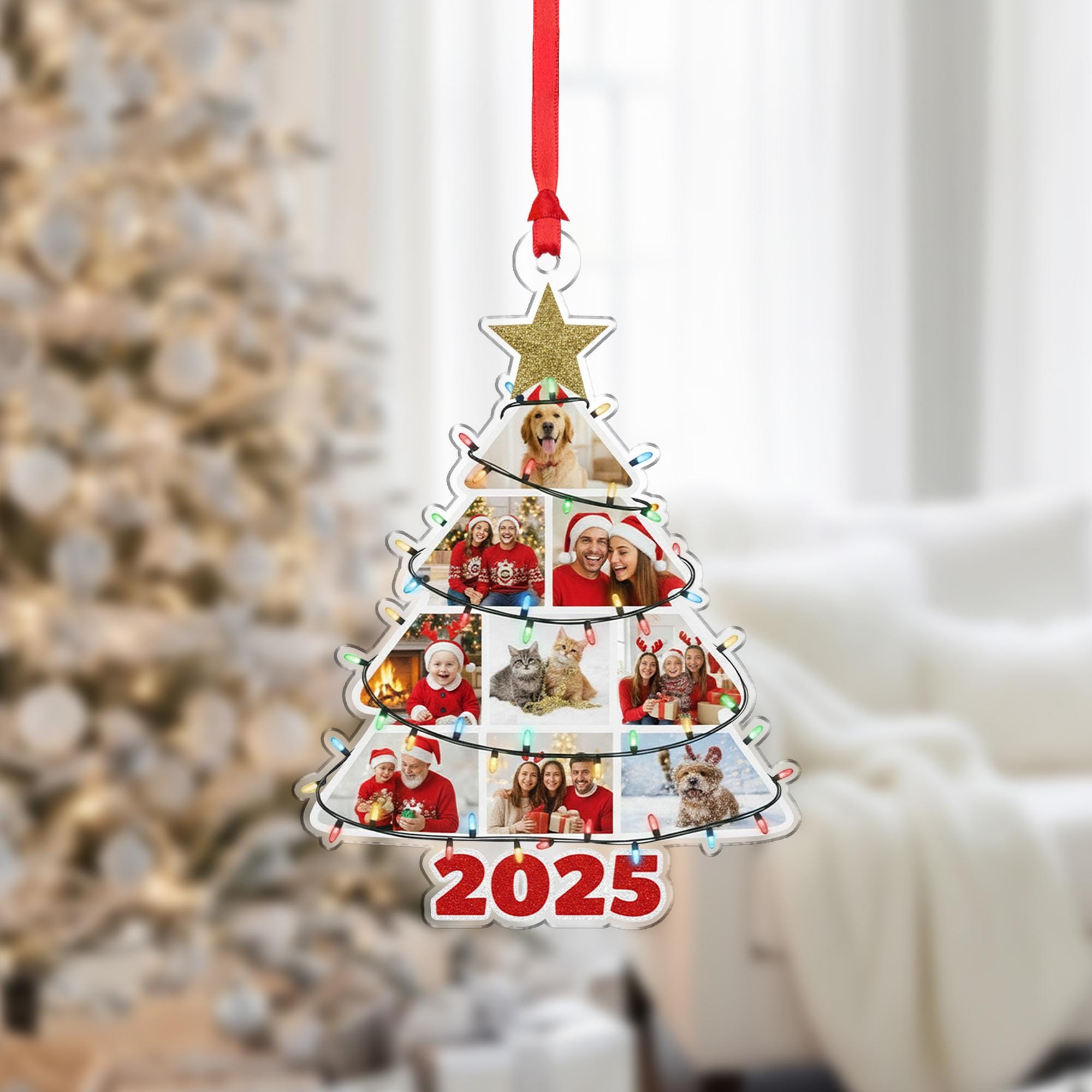 Personalised 2025 Tree-Shape Photo Ornament with Ribbon and Glitter Star image 1