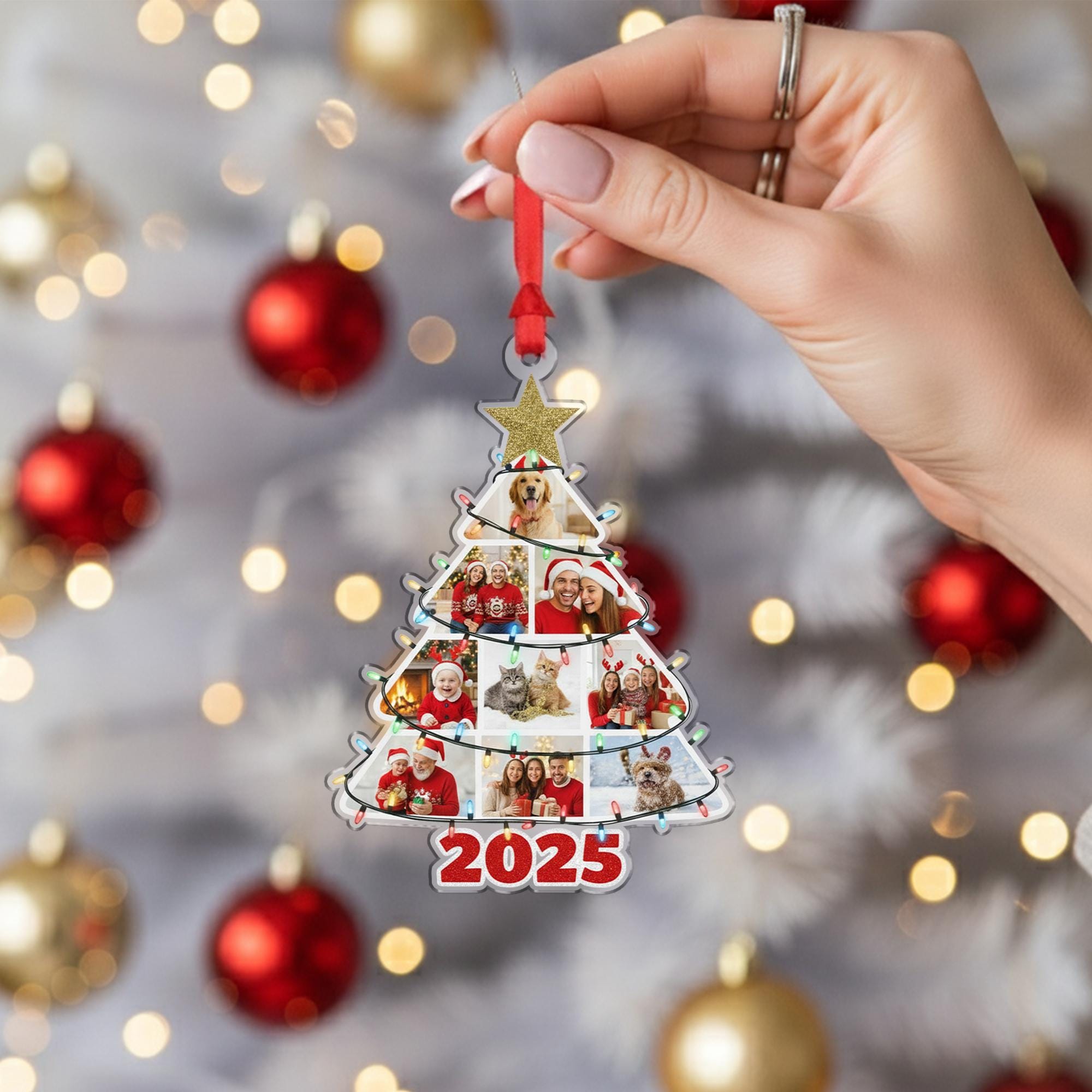 Personalised 2025 Tree-Shape Photo Ornament with Ribbon and Glitter Star image 4