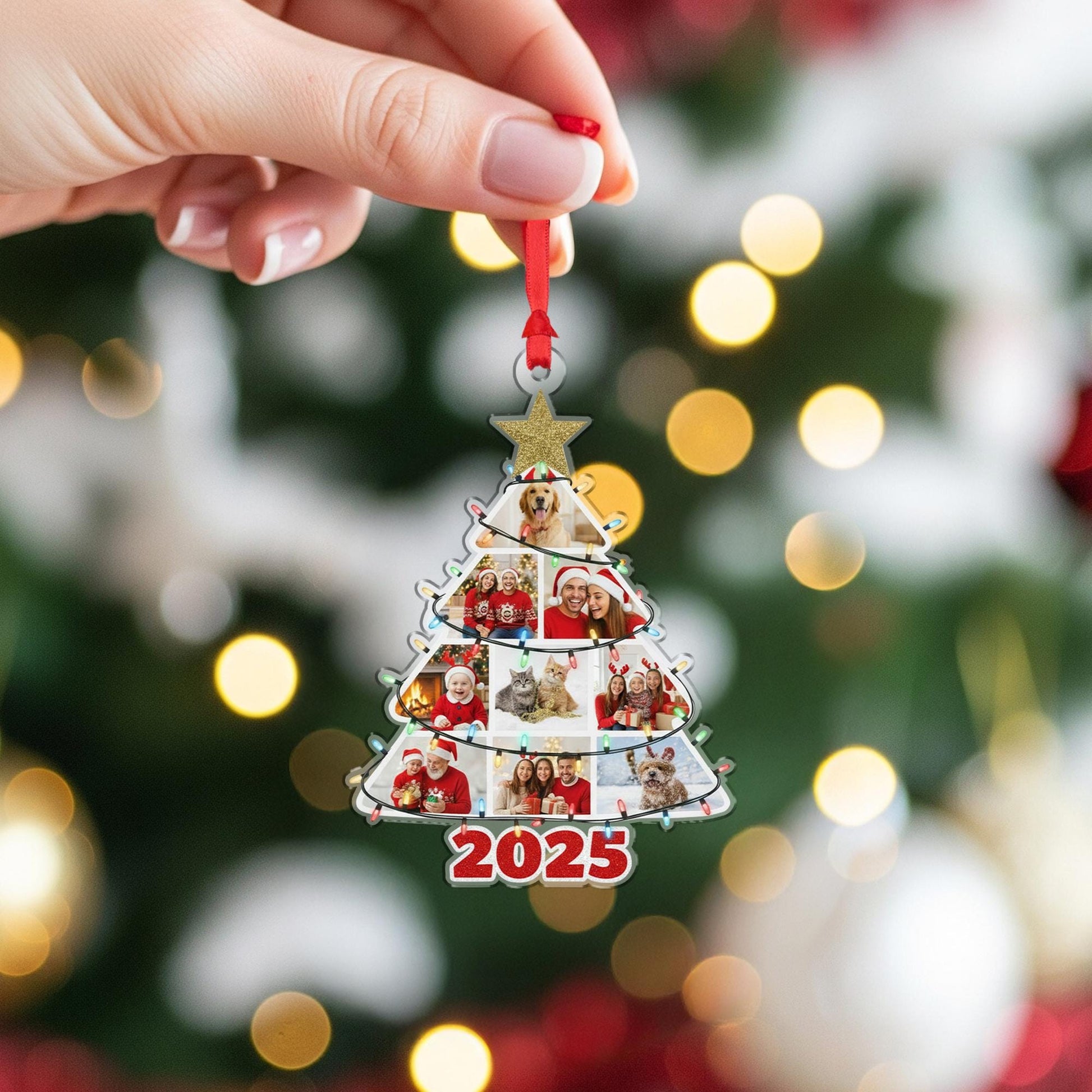 Personalised 2025 Tree-Shape Photo Ornament with Ribbon and Glitter Star image 5