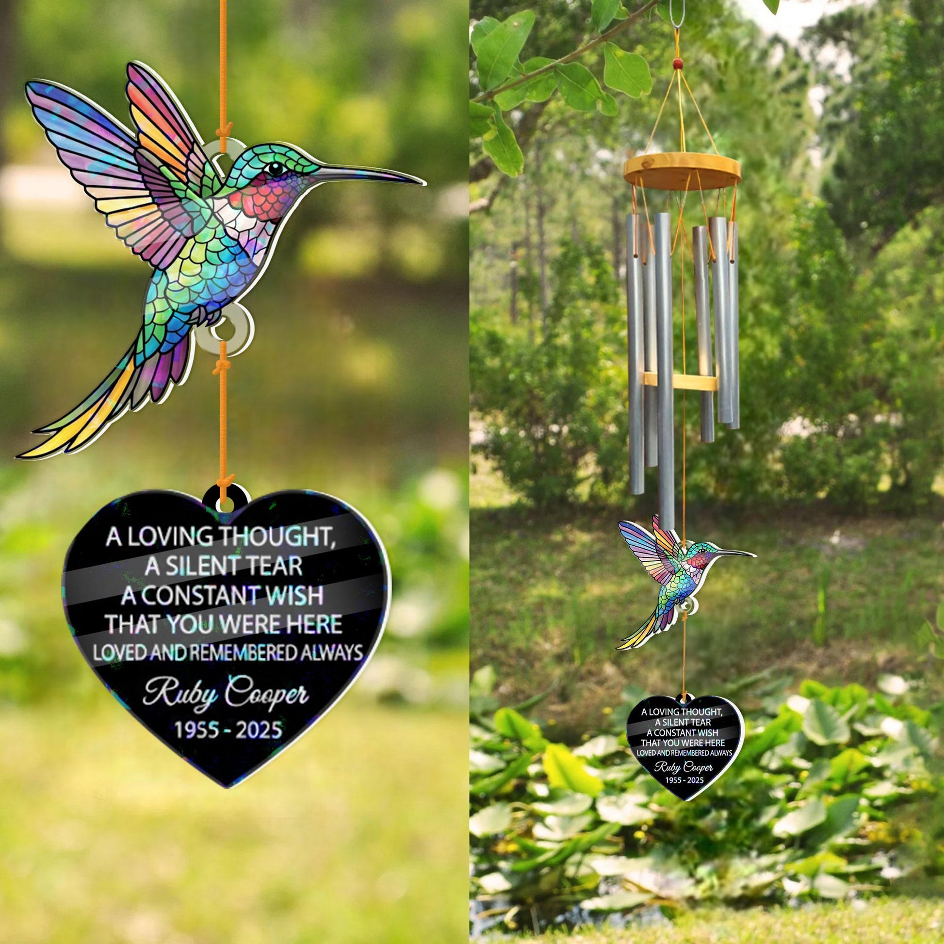 Personalized Memorial Wind Chime with Hummingbird: Outdoor Remembrance Decor image 2