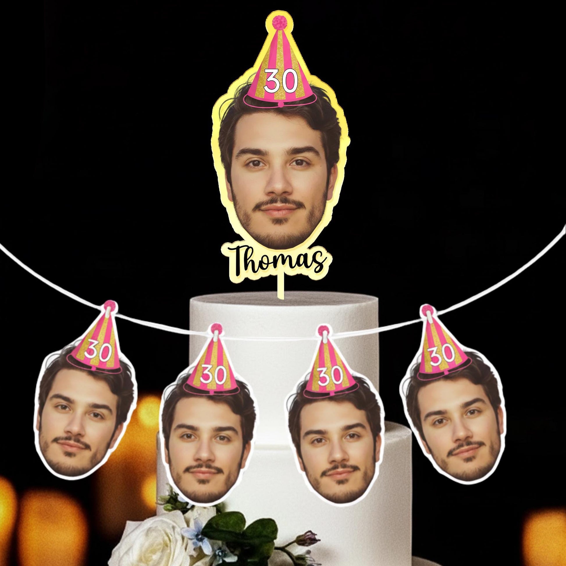 Custom Face Birthday Banner and Mirror Acrylic Cake Topper Set: Personalized Photo Party Decor image 1