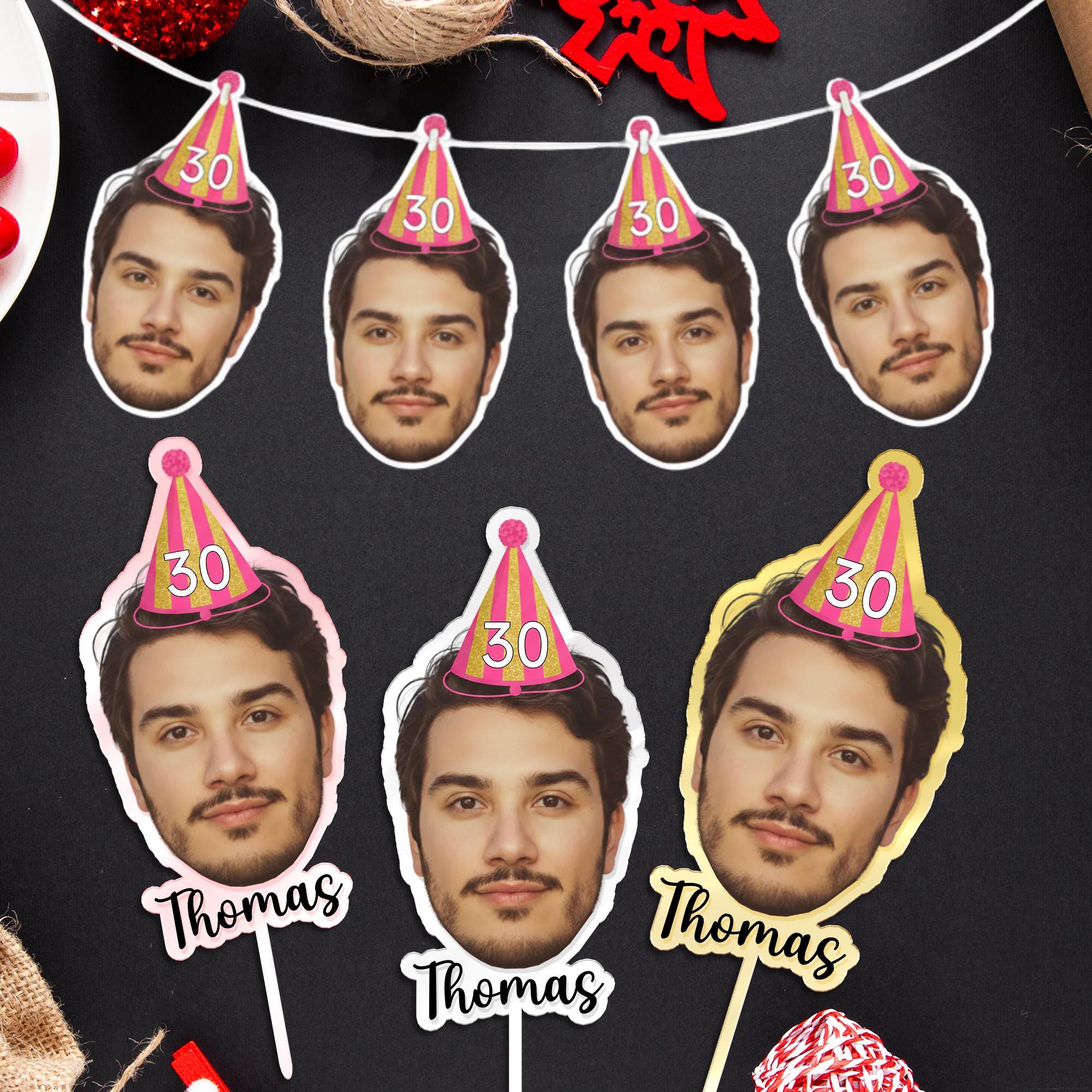 Custom Face Birthday Banner and Mirror Acrylic Cake Topper Set: Personalized Photo Party Decor image 4