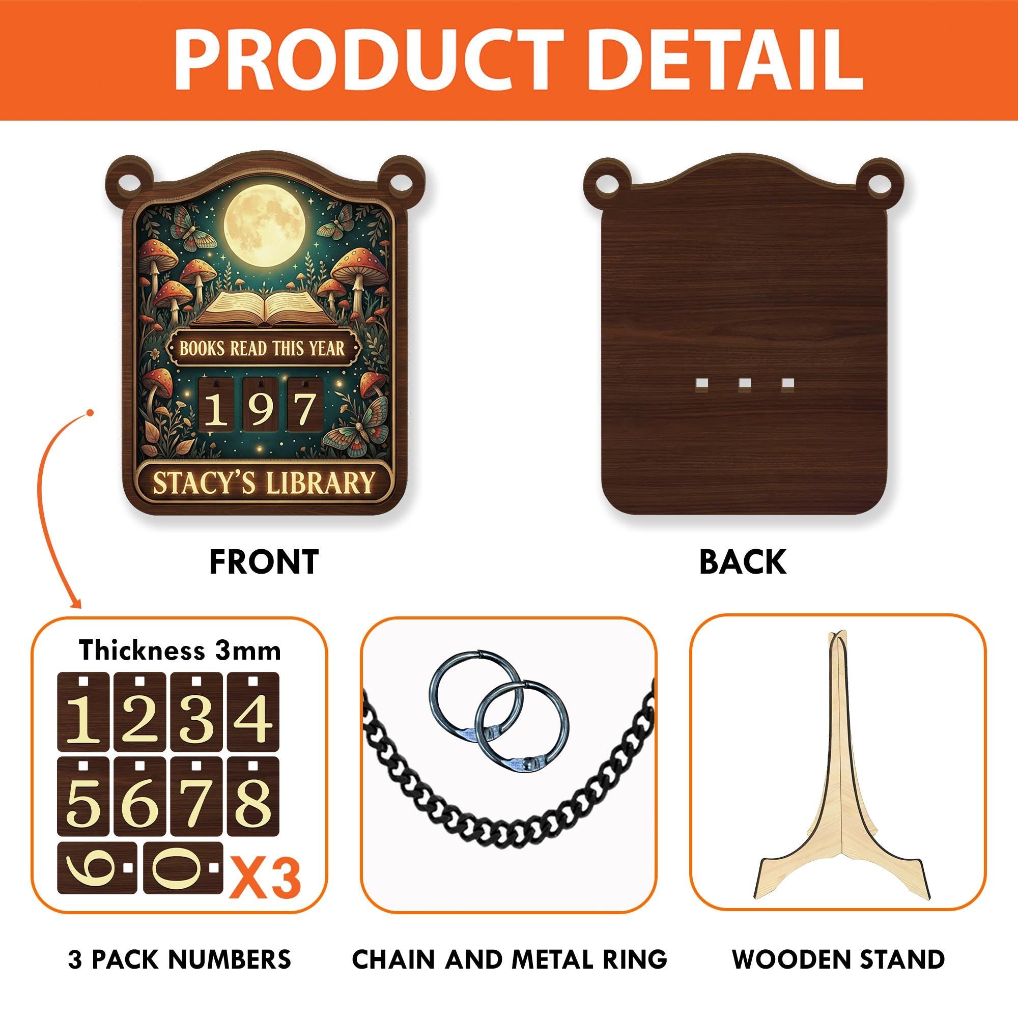 Custom Moon & Mushroom Books Read Tracker Sign - Wooden Reading Counter image 2