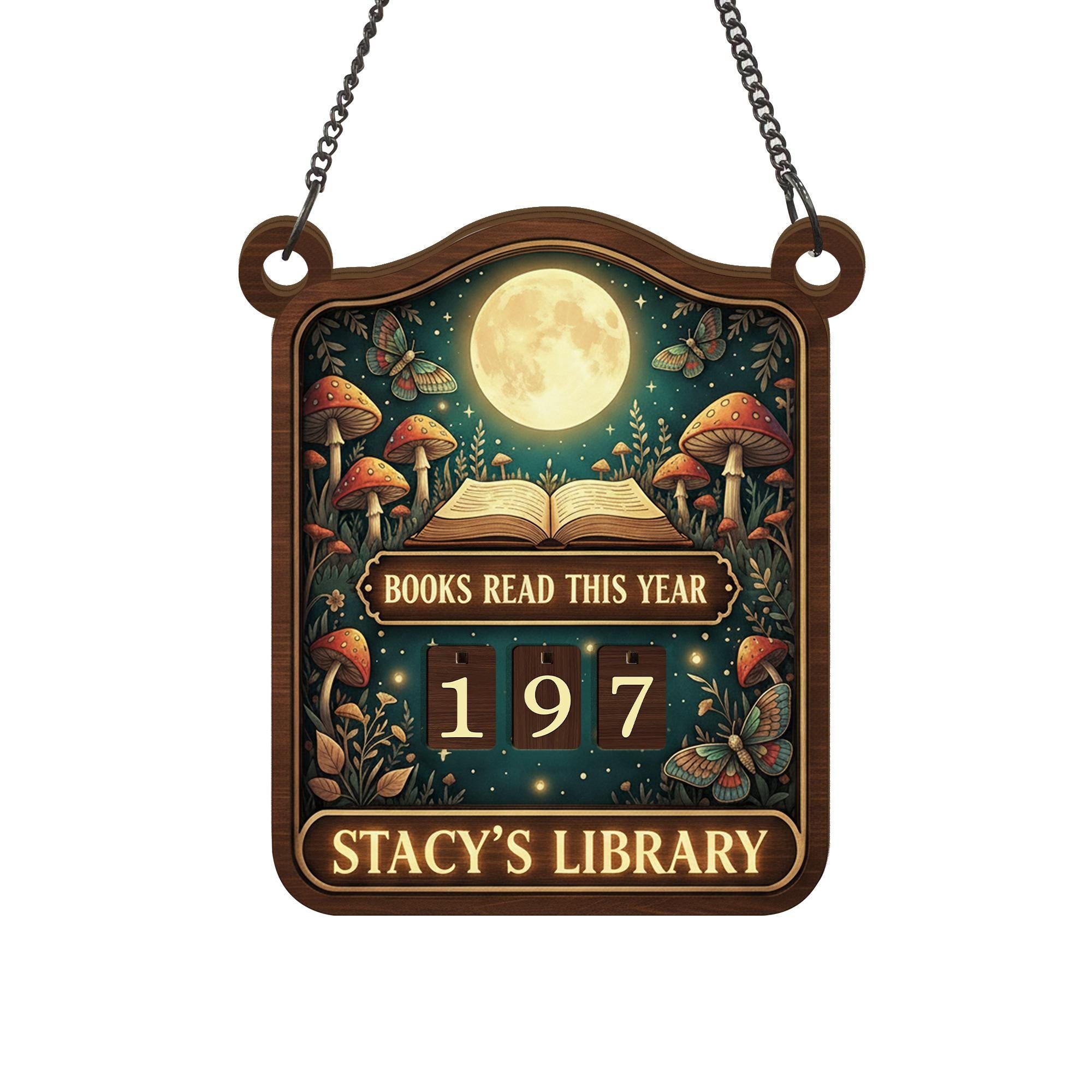 Custom Moon & Mushroom Books Read Tracker Sign - Wooden Reading Counter image 4