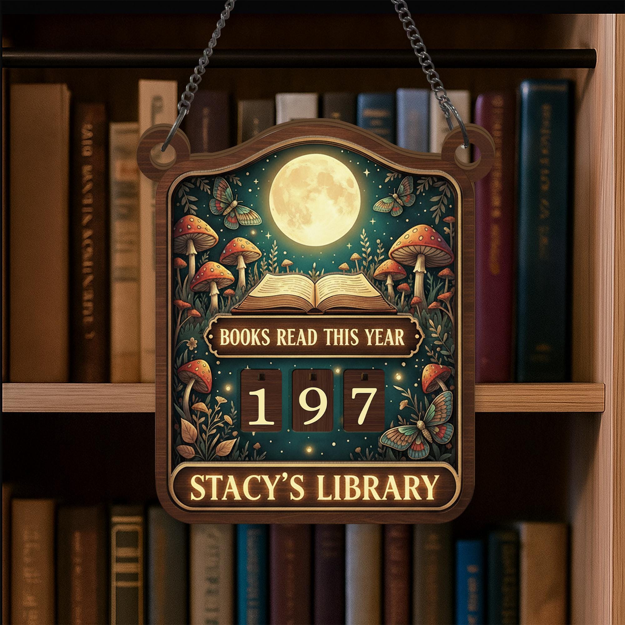 Custom Moon & Mushroom Books Read Tracker Sign - Wooden Reading Counter image 5