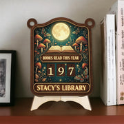 Custom Moon & Mushroom Books Read Tracker Sign - Wooden Reading Counter image 1