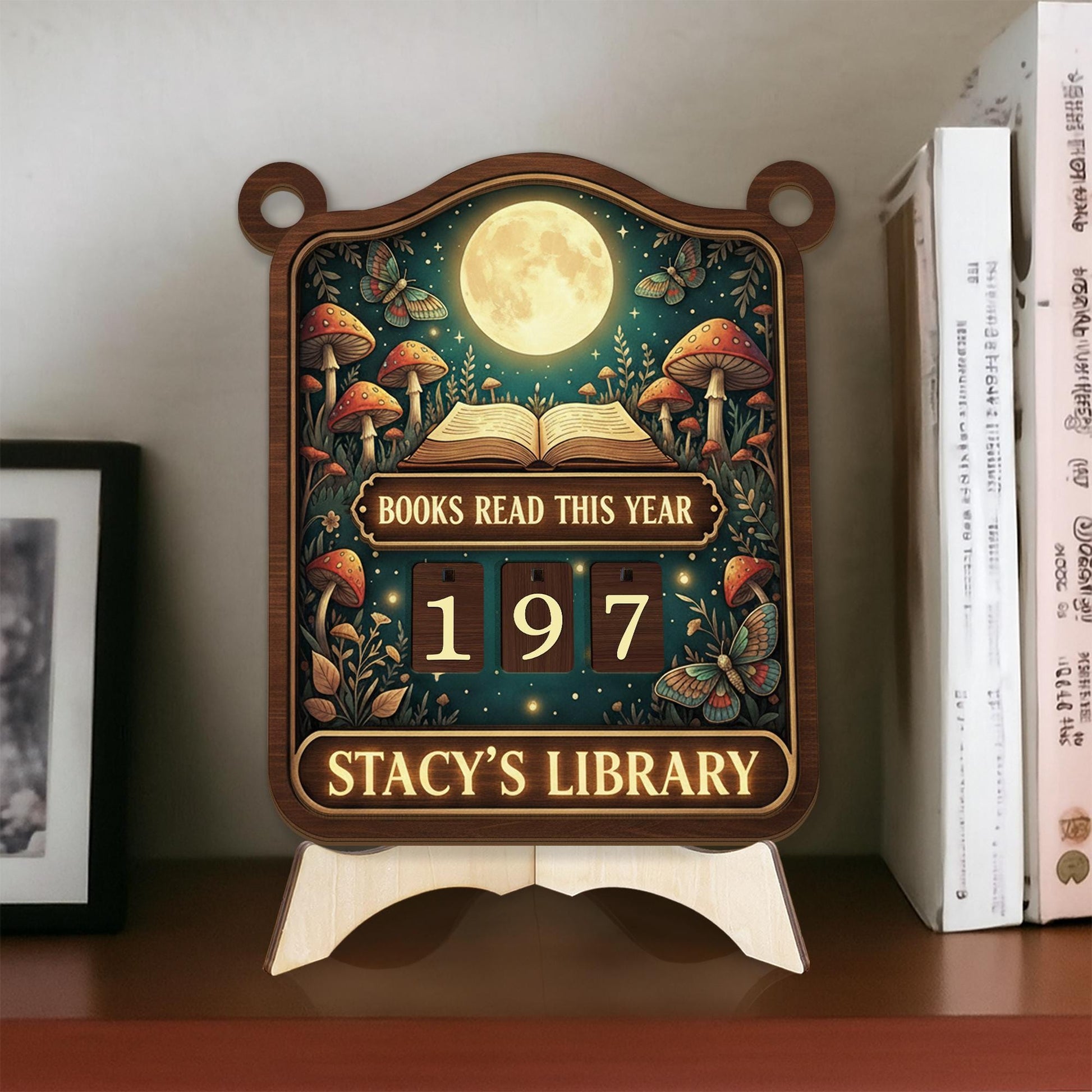 Custom Moon & Mushroom Books Read Tracker Sign - Wooden Reading Counter image 1