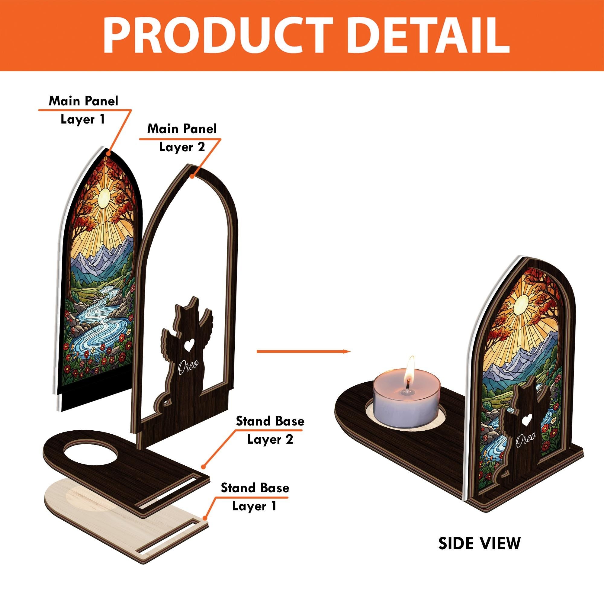 Pet Memorial Suncatcher Candle Holder - Custom Wooden Cat Loss Gift image 2