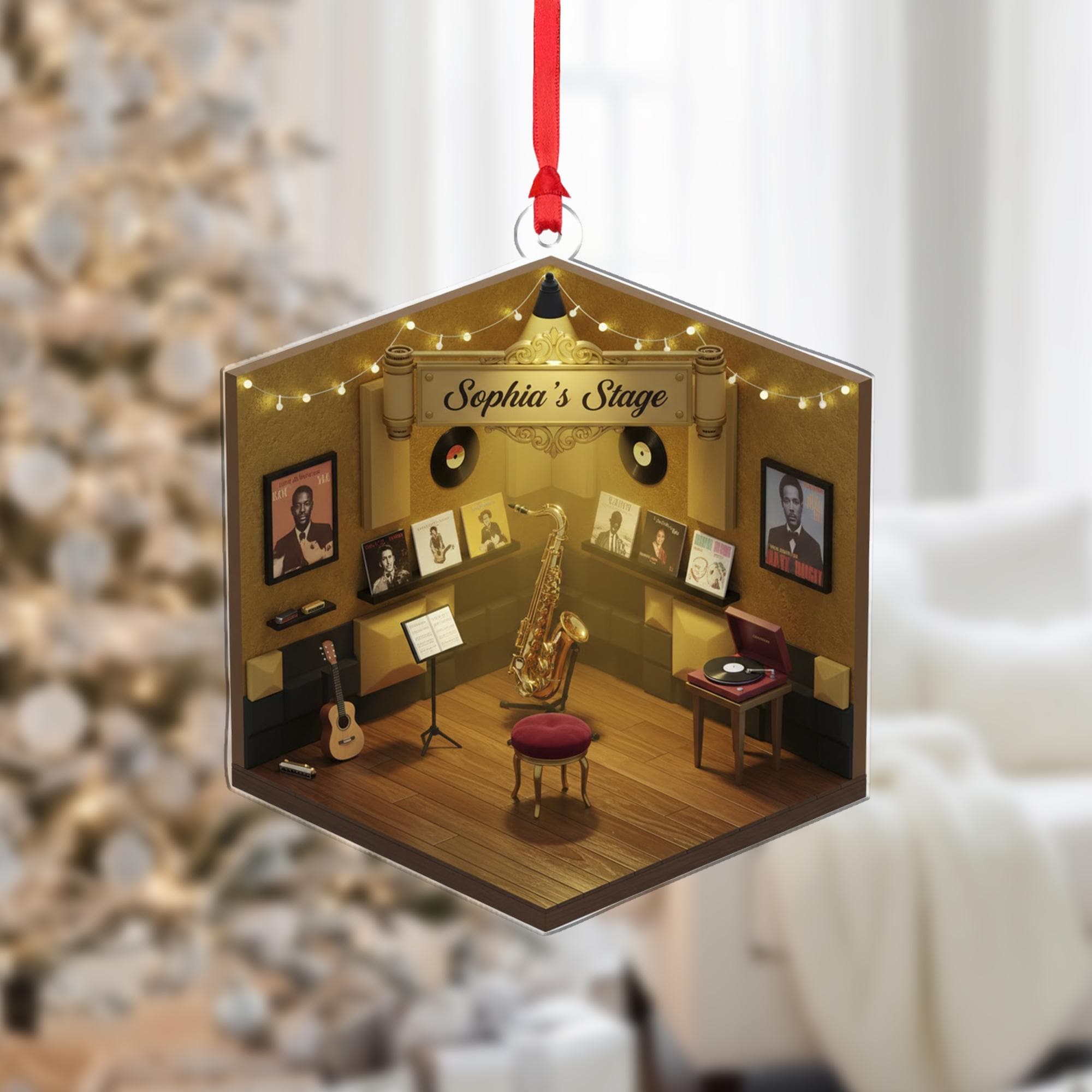 Personalized Jazz Musician Ornament Saxophone Stage Record Player Keepsake image 2