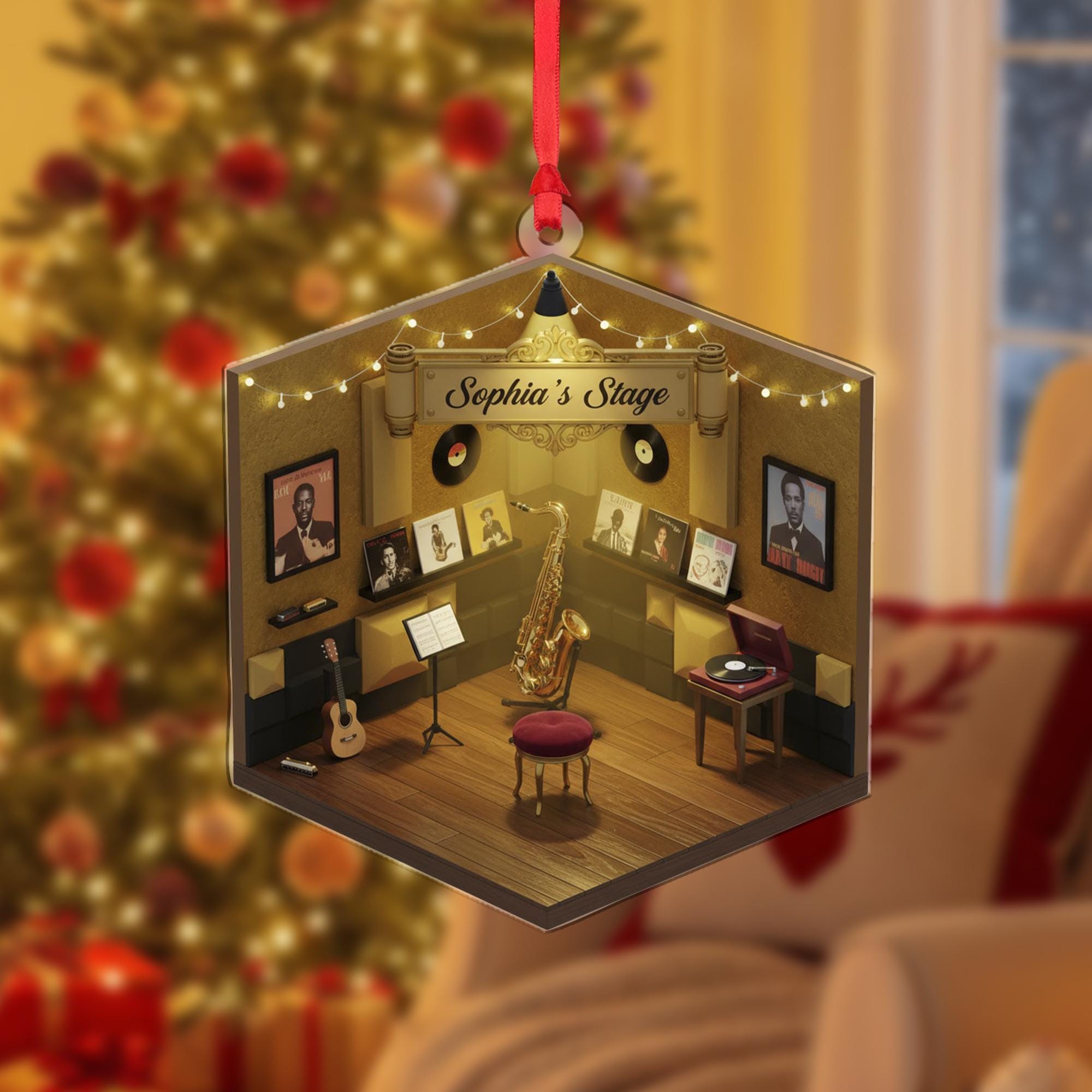 Personalized Jazz Musician Ornament Saxophone Stage Record Player Keepsake image 1