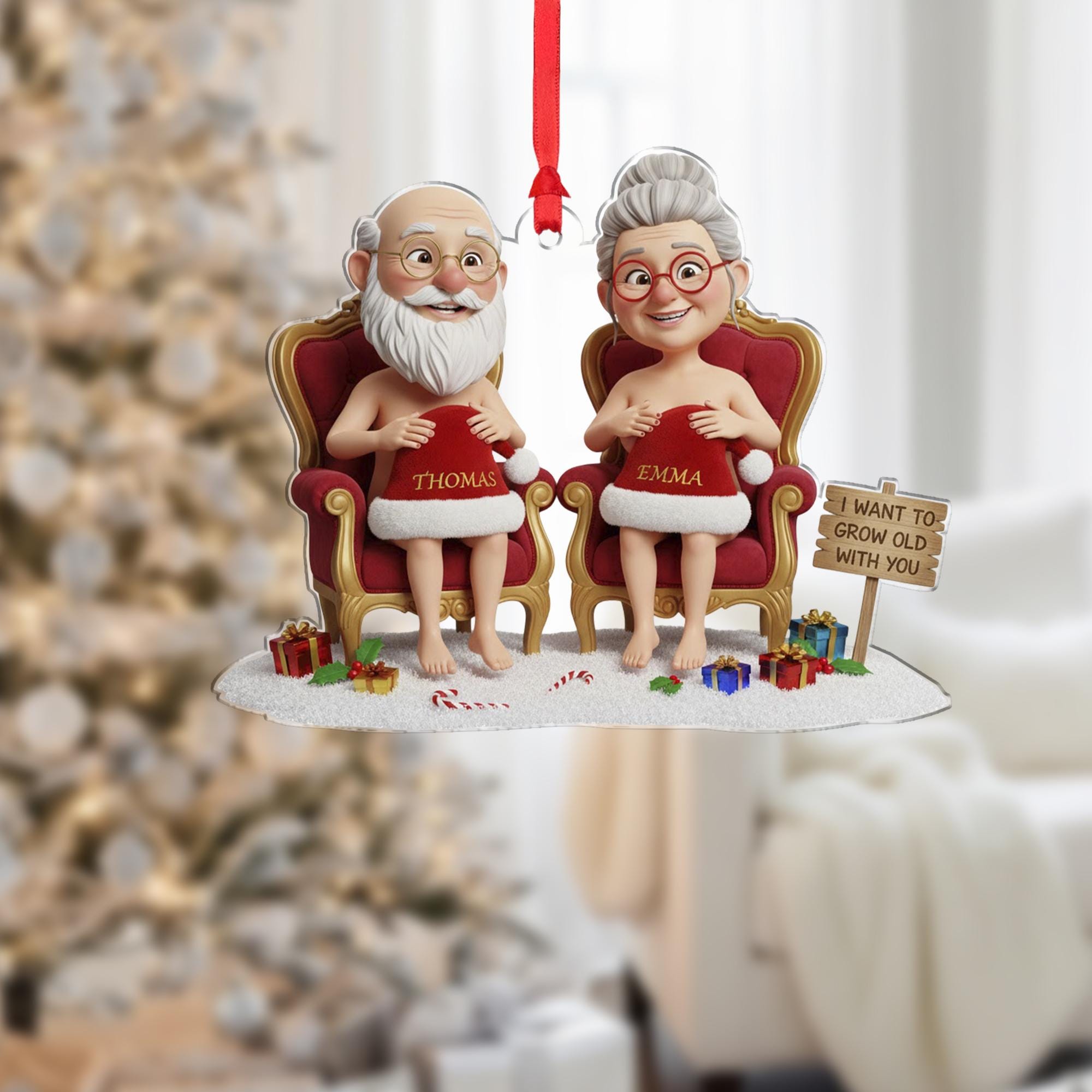 Funny Old Couple Sitting Ornament - Personalized Christmas Gift for Husband Wife image 1