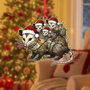 Opossum Family Christmas Ornament: Santa Hats & Lights - Acrylic Animal Decoration image 1