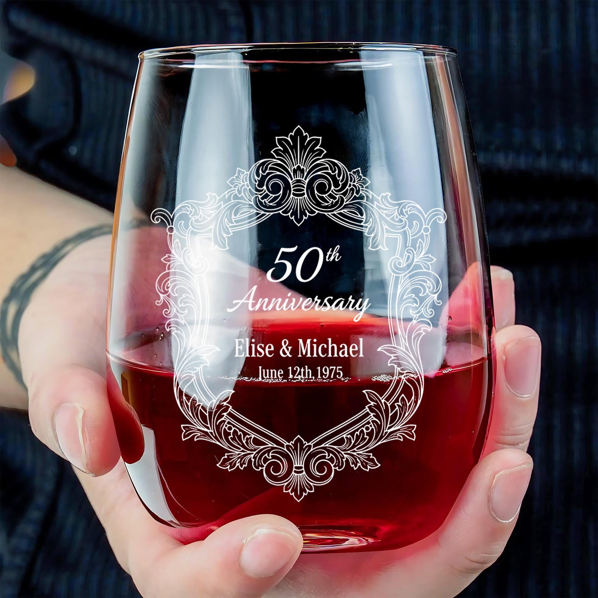 Custom 50th Anniversary Etched Stemless Wine Glass image 3