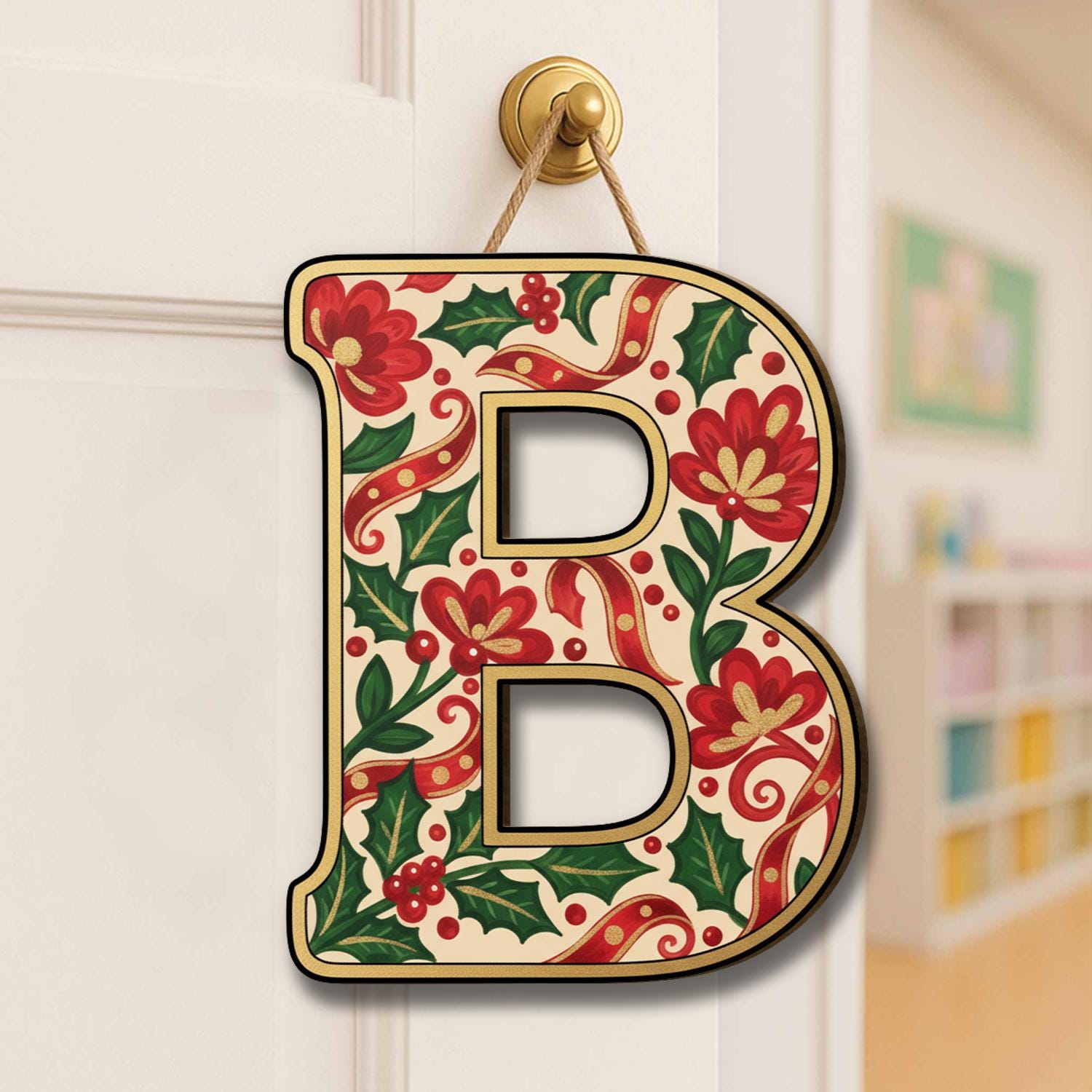 Christmas Monogram Door Hanger – Personalized Initial Sign image 1