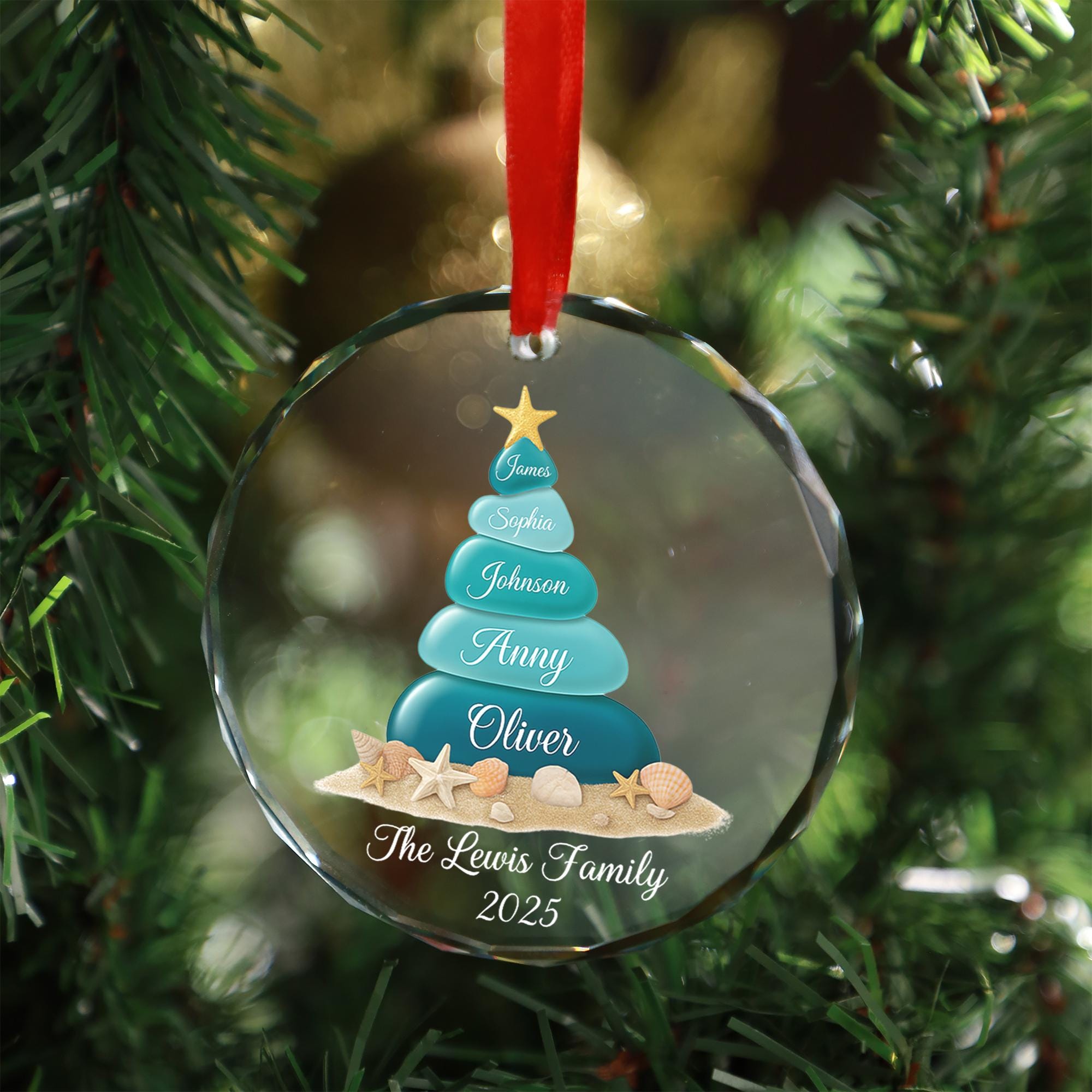 Personalised Glass Ornament Beach Pebble Tree Design – Custom Family Name Hanging Decoration image 2