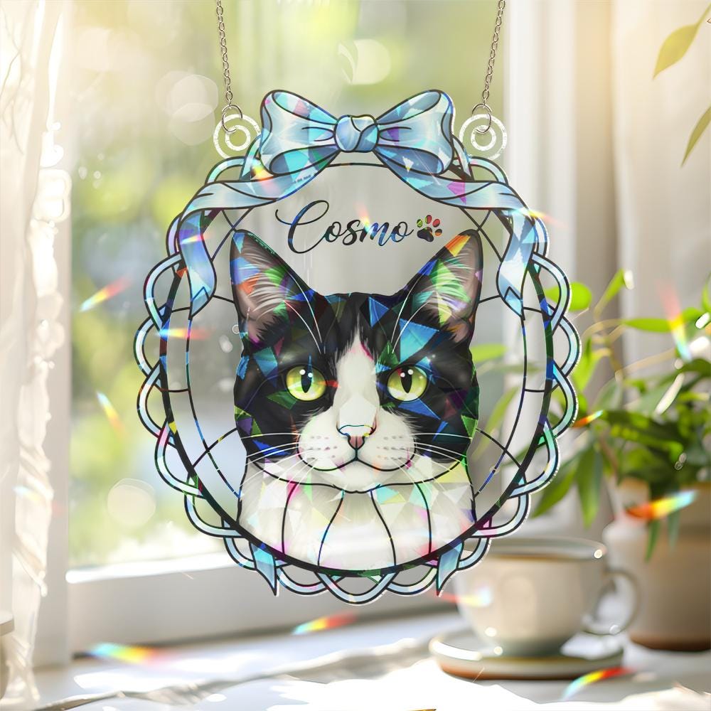 Personalized Cat Window Hanging – Custom Pet Portrait Suncatcher Style image 1