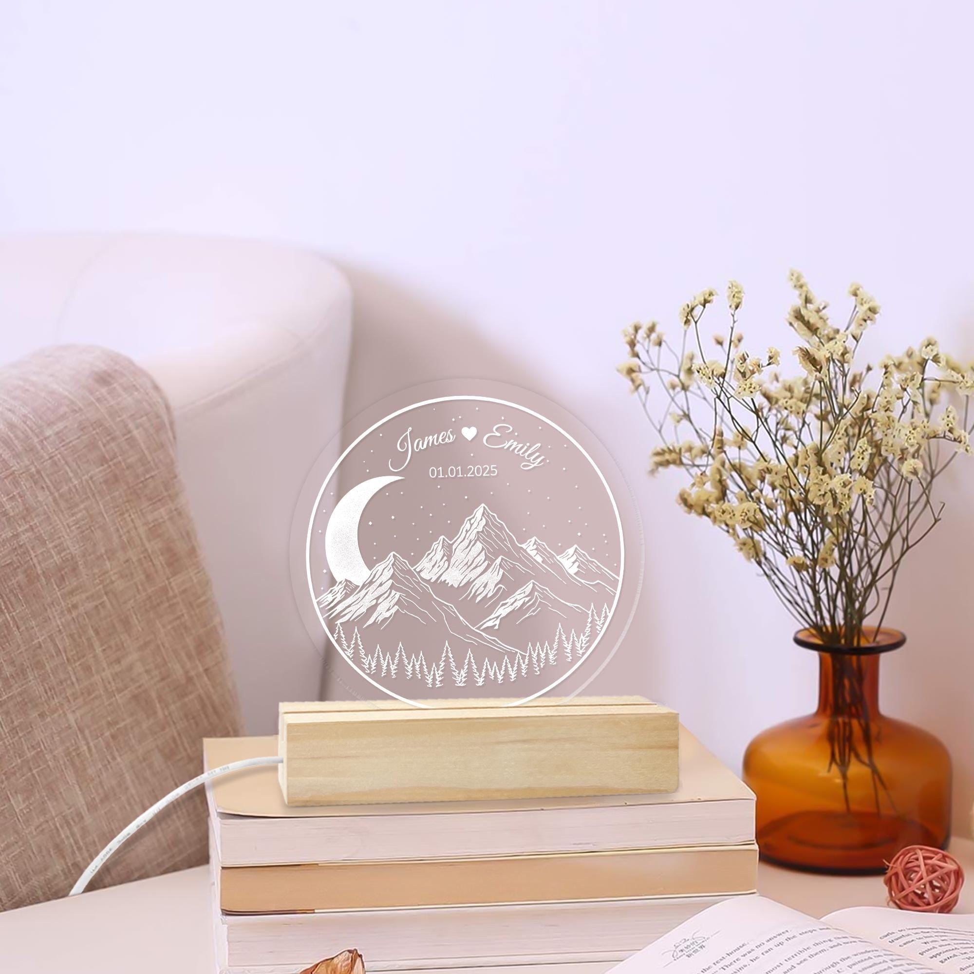 Mountain & Moon Acrylic LED Night Light - Personalized Anniversary Gift Wedding Date Lamp image 3