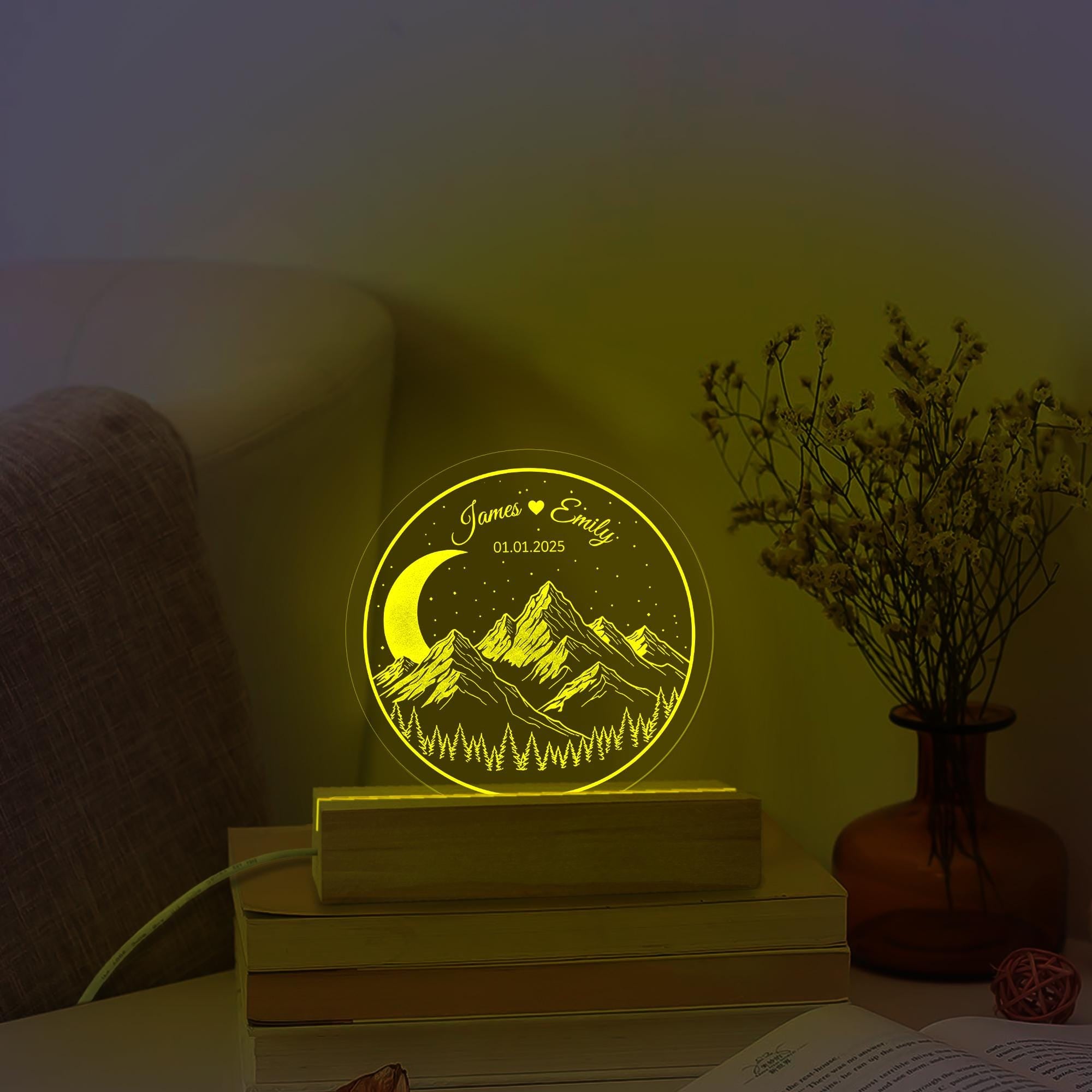 Mountain & Moon Acrylic LED Night Light - Personalized Anniversary Gift Wedding Date Lamp image 2