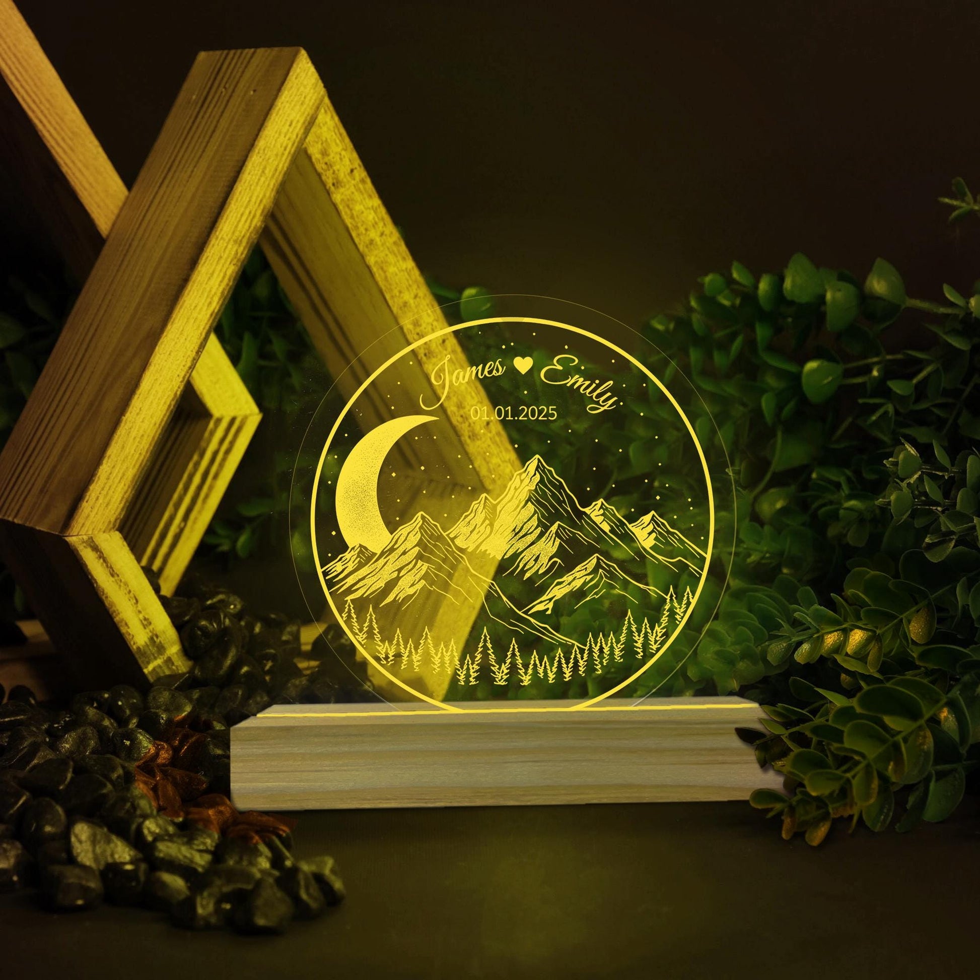 Mountain & Moon Acrylic LED Night Light - Personalized Anniversary Gift Wedding Date Lamp image 1