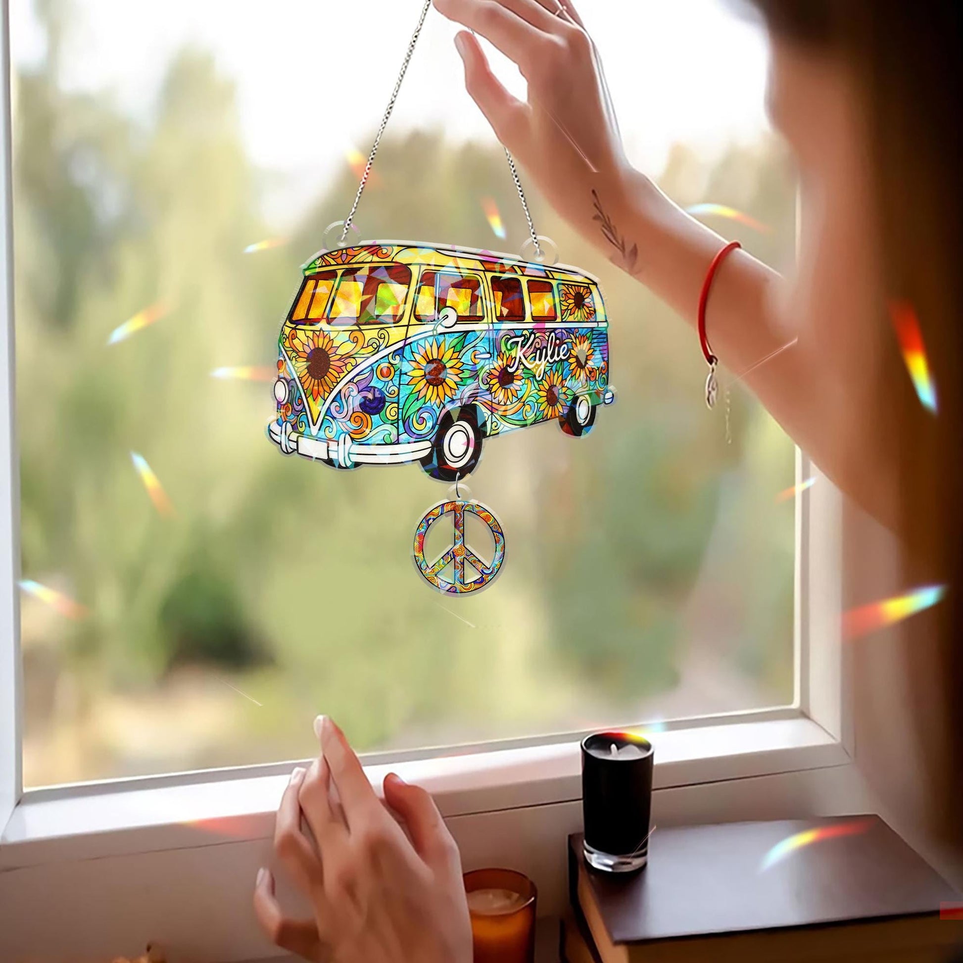 Custom Hippie Van Window Decor – Custom Hologram Acrylic Bus Design with Peace Sign image 2
